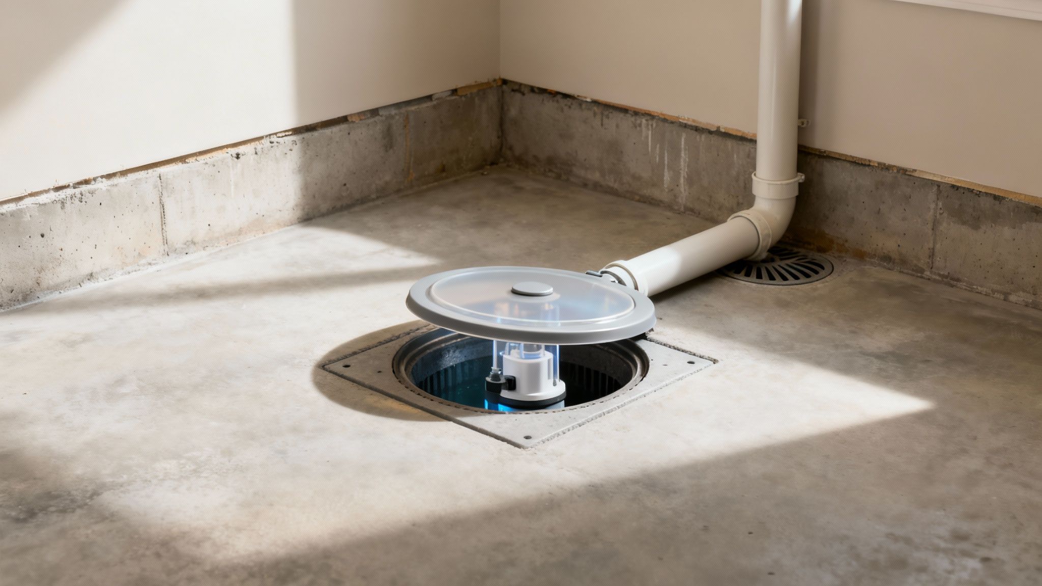 A newly installed sump pump and pit in a concrete basement corner with a drain.