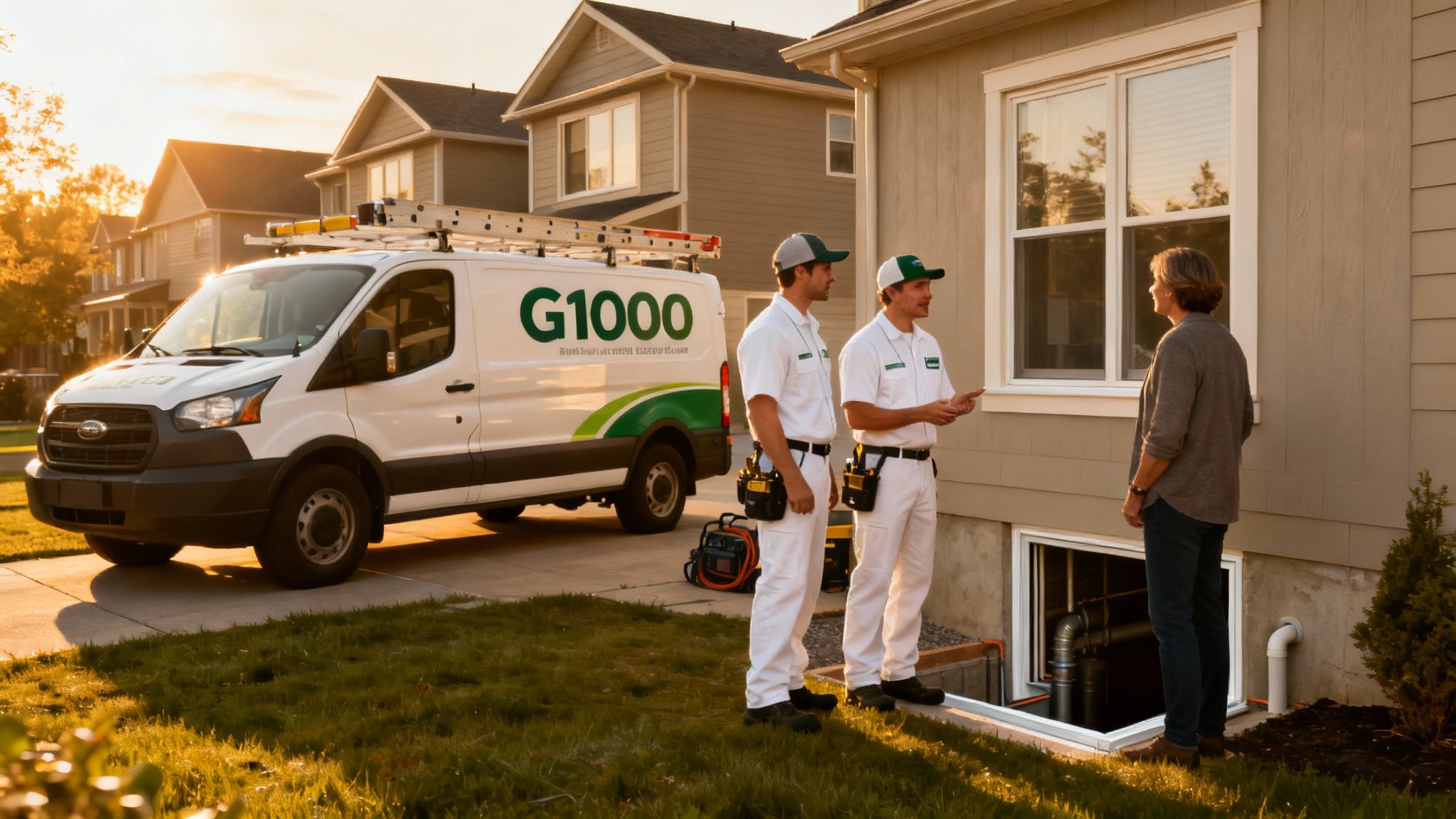 Two G1000 technicians discuss a sump pump installation with a homeowner outside her house.