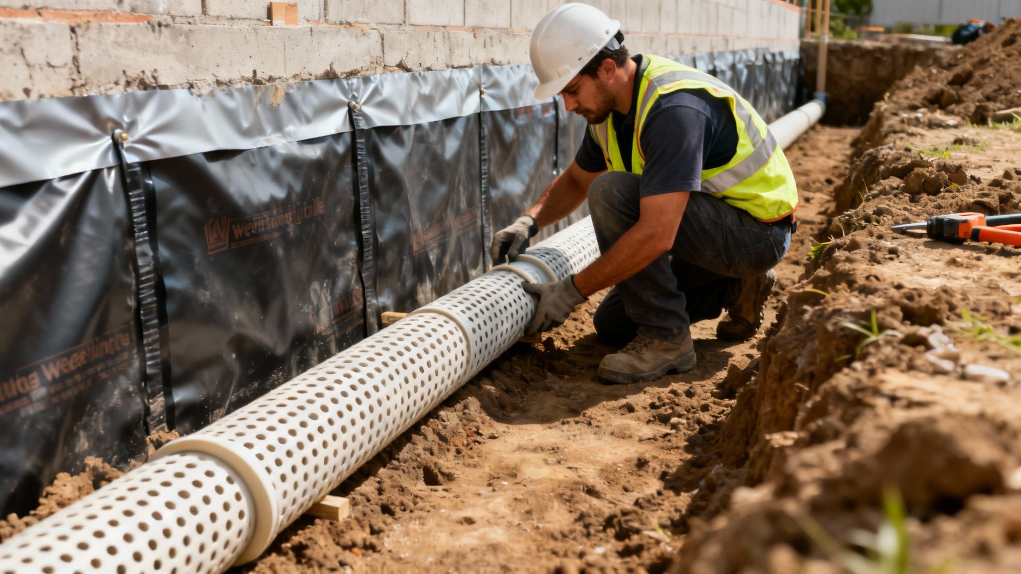 Construction worker installing a perforated drainage pipe for a foundation in a muddy trench.