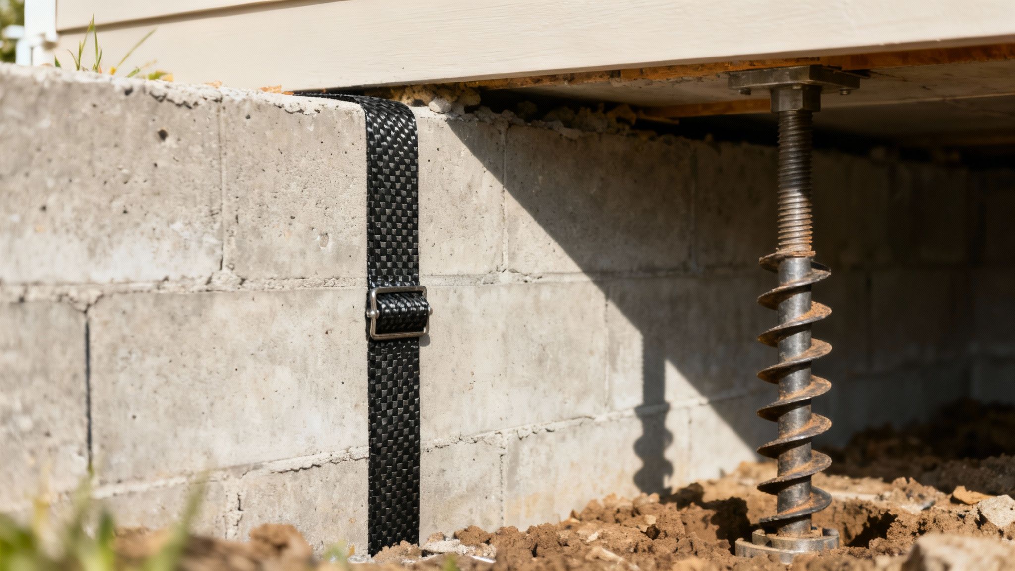 A professional contractor applies a sealant to a foundation crack, demonstrating a professional repair method.