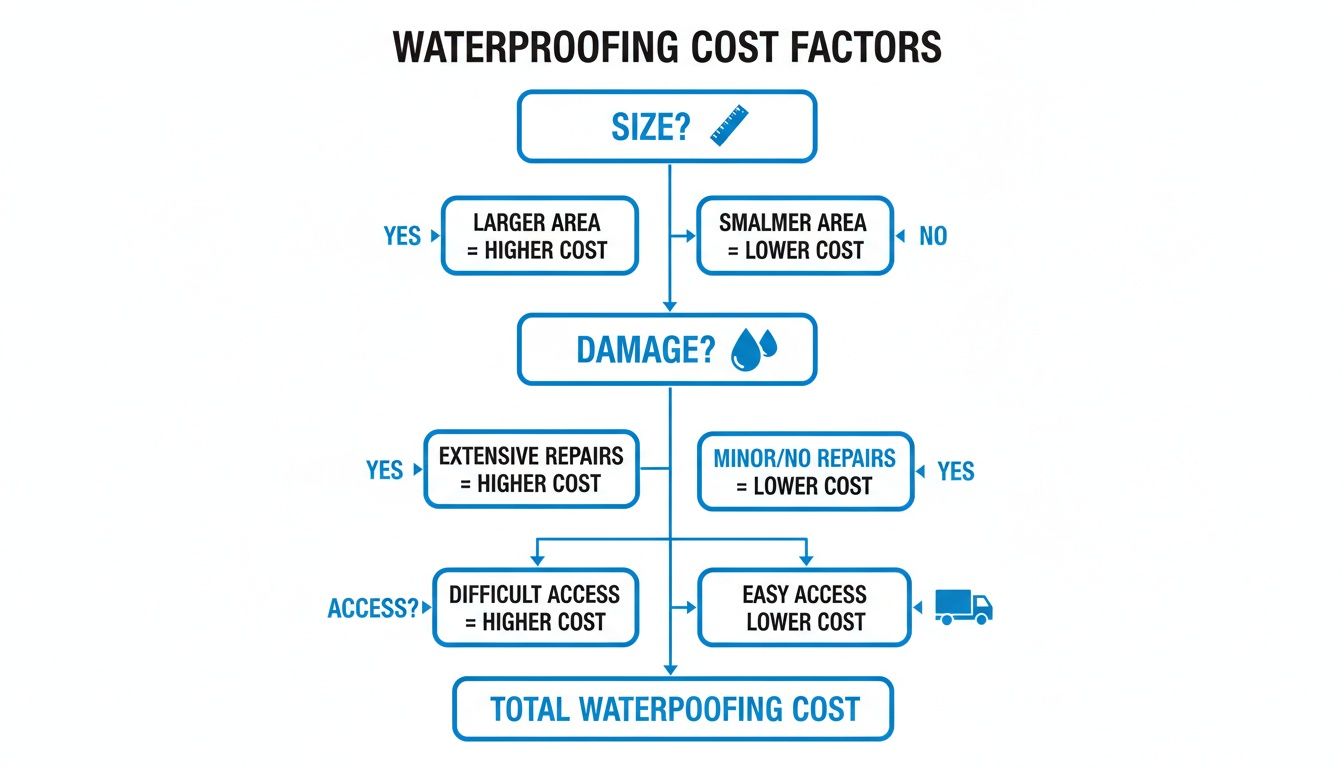 Flowchart illustrating waterproofing cost factors, including size, damage, and access, impacting total expense.