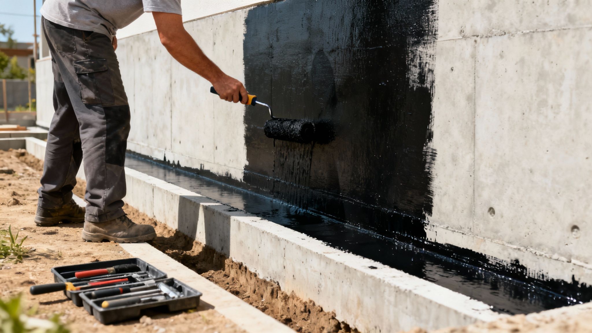 Workers meticulously preparing an excavated foundation wall before applying a waterproof membrane.