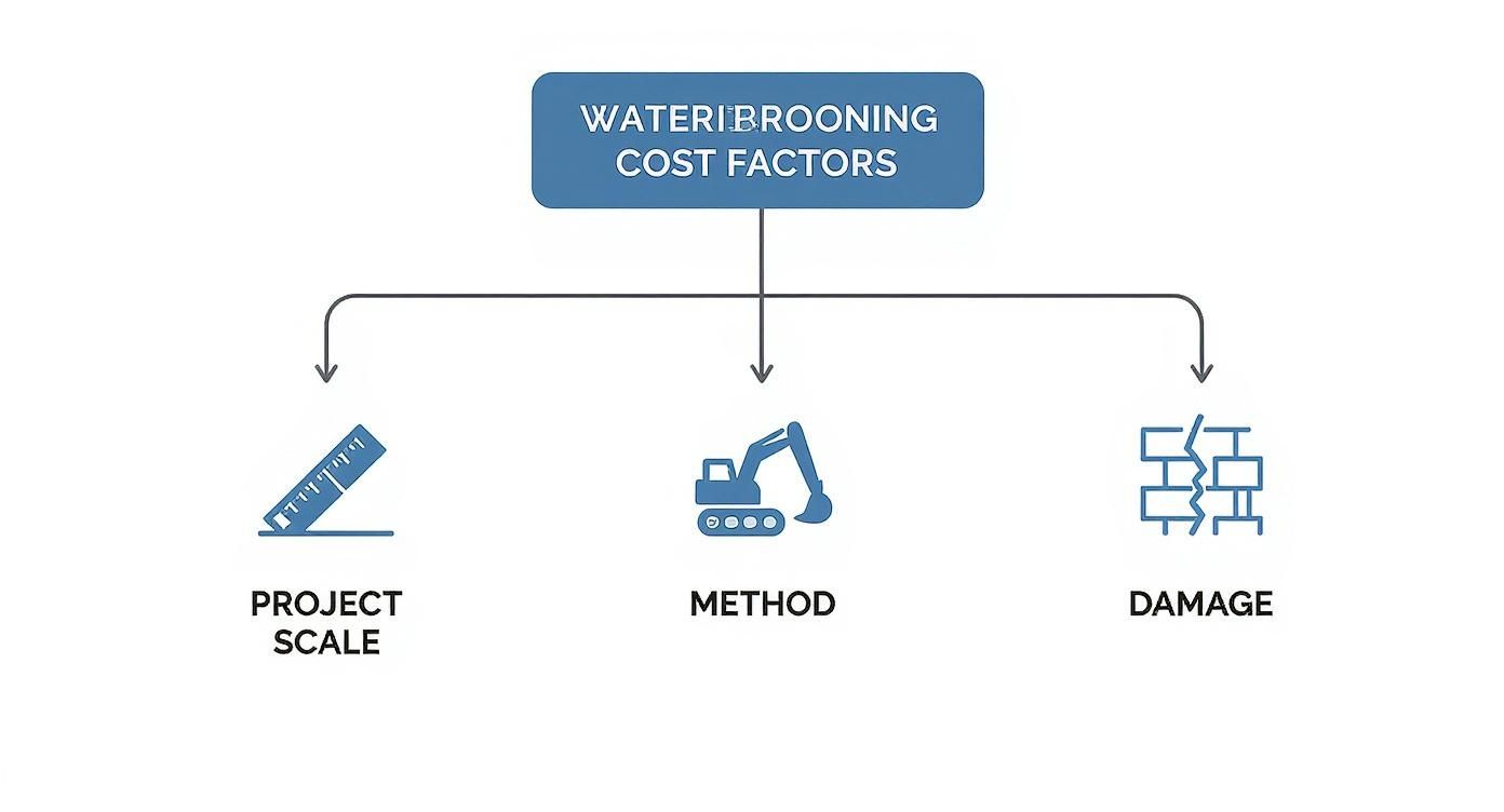 A flowchart detailing waterproofing cost factors: project scale, method, and damage.