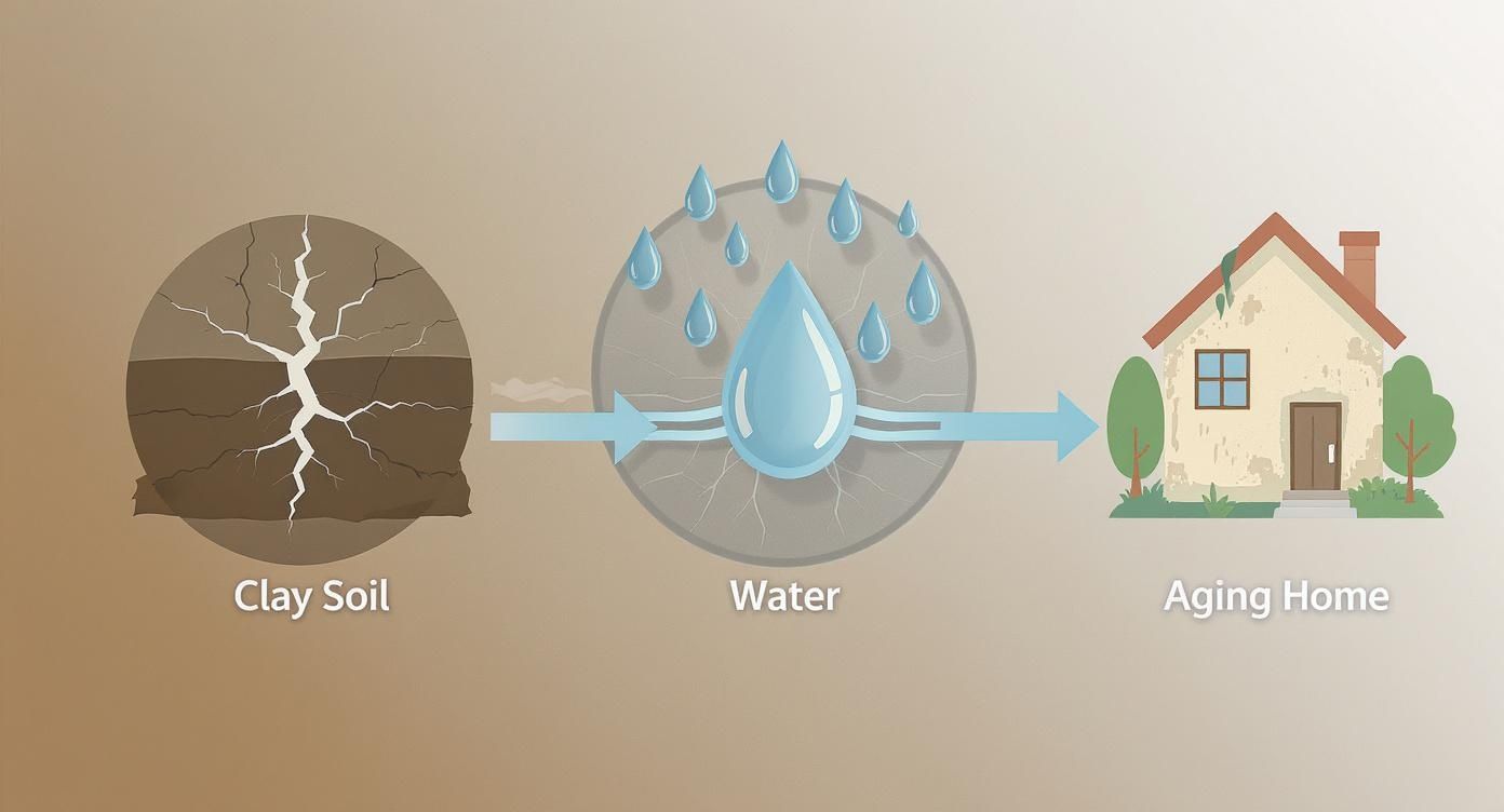 Diagram showing how dry, cracked clay soil reacting with water leads to an aging home.