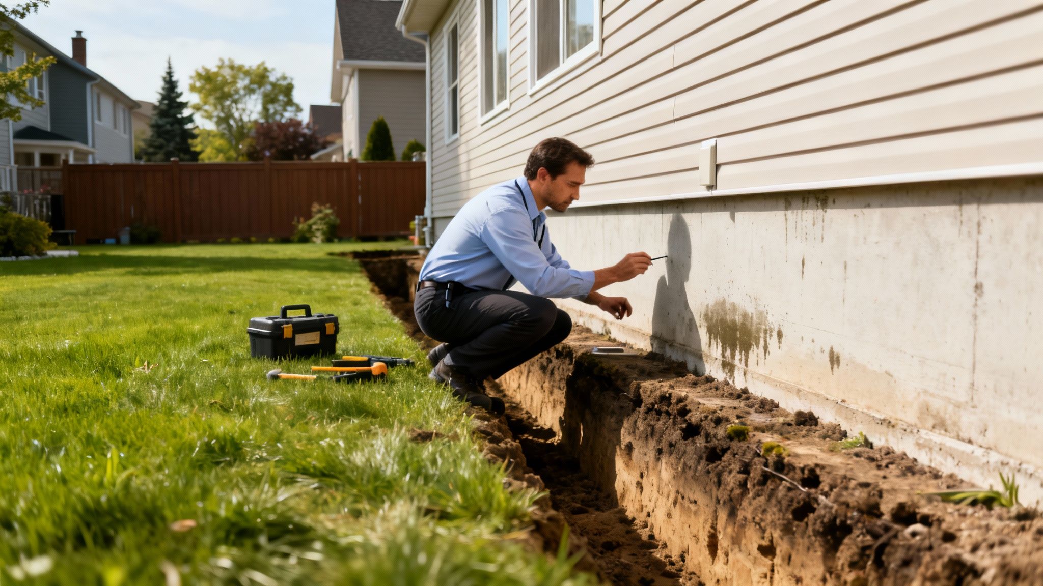 A professional in a blue shirt inspects a house foundation wall with a tool next to a dug trench.