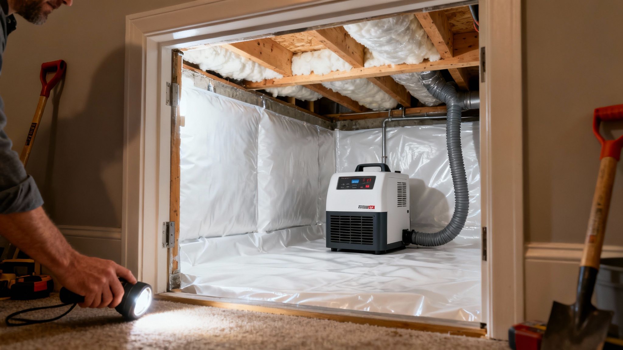 Man with a flashlight inspecting a clean, encapsulated crawl space with a running dehumidifier.