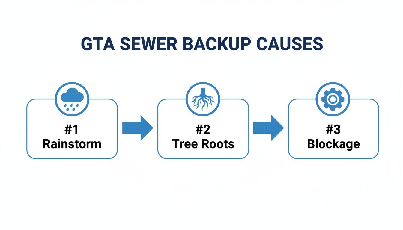 Flowchart illustrating GTA sewer backup causes: rainstorm, tree roots, and blockage with icons.