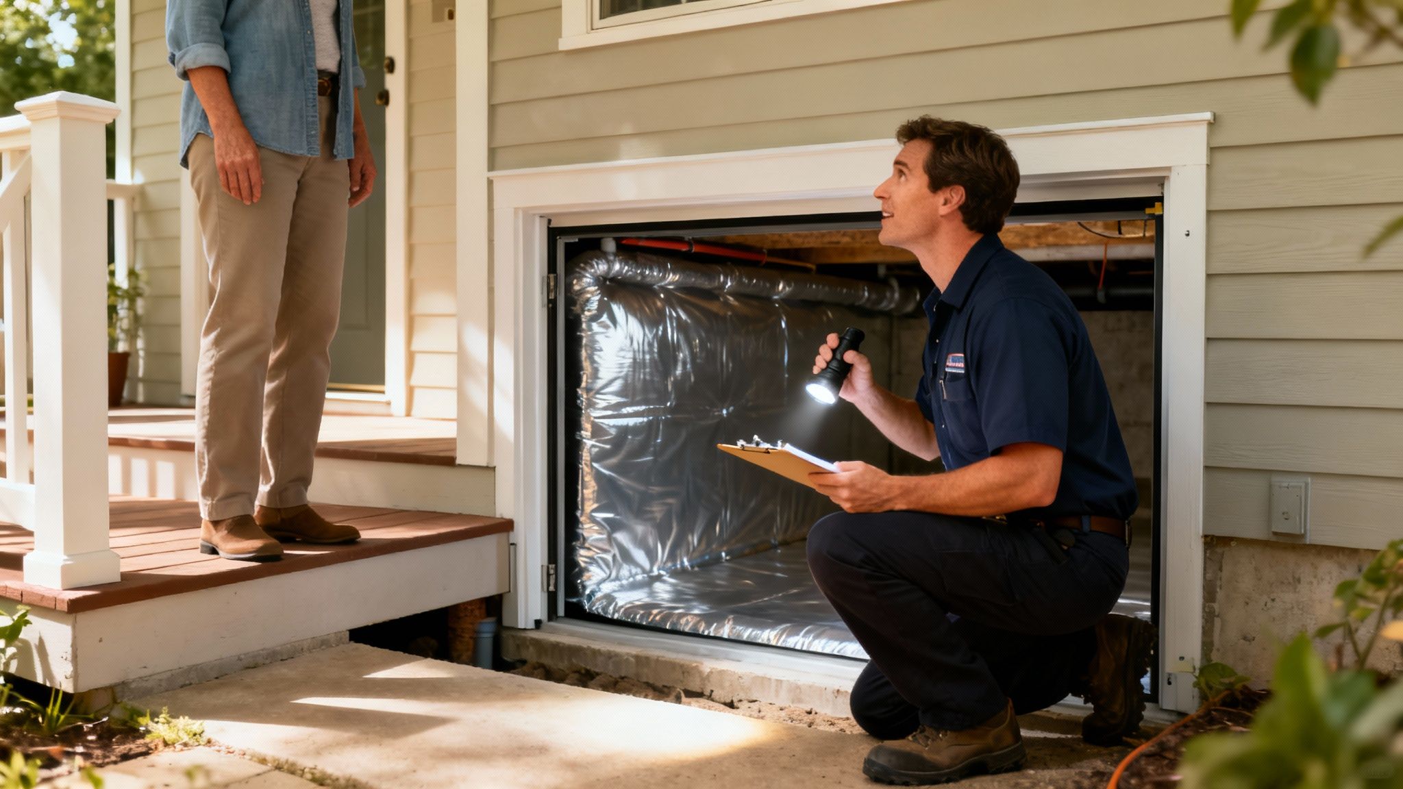 A technician with a flashlight inspects a crawl space vapor barrier while a homeowner stands by.