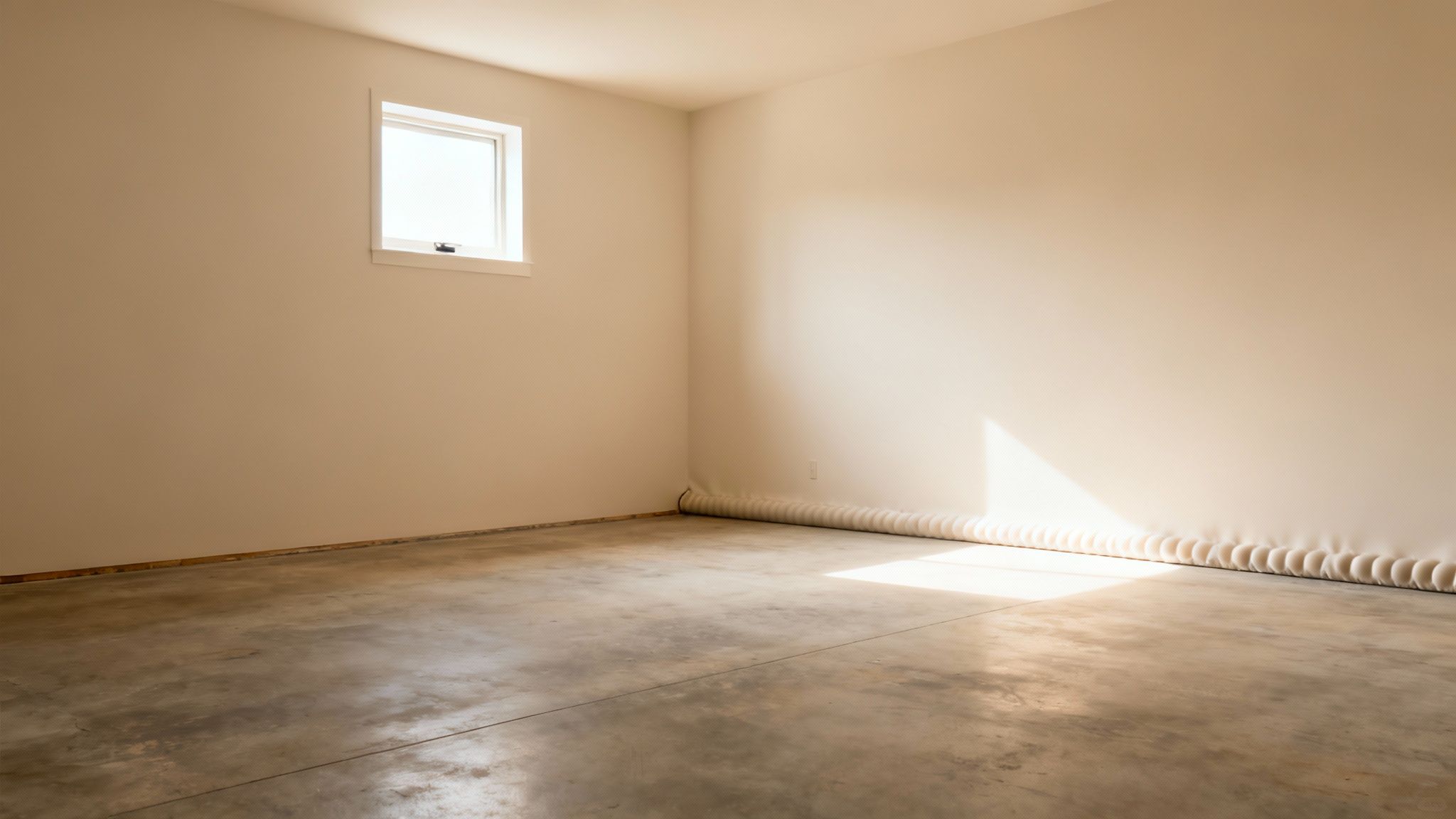 Bright, empty basement room with concrete floor, small window, and a visible floor drainage system.