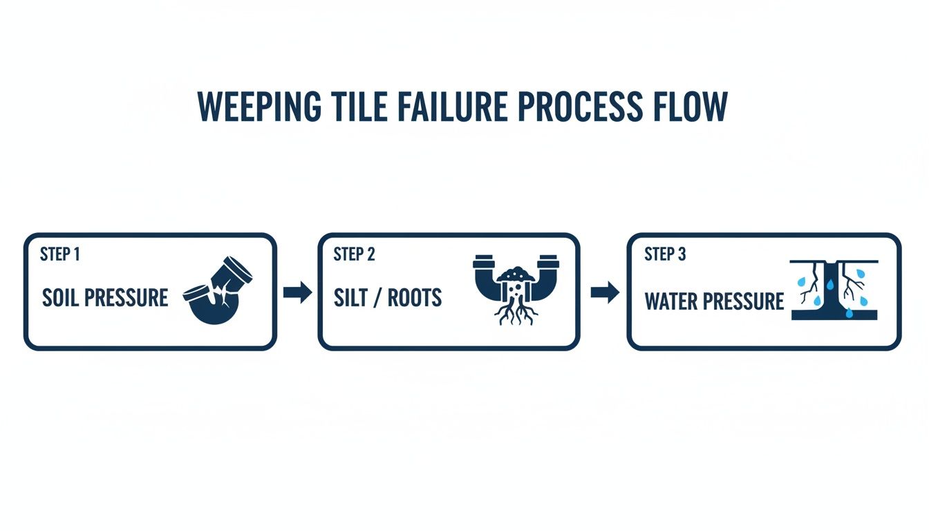 Diagram illustrating the three-step weeping tile failure process: soil pressure, silt/roots, and water pressure.
