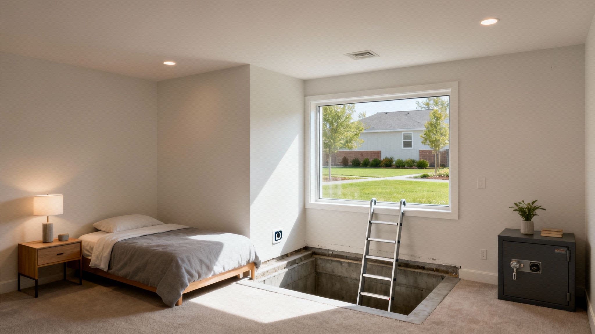 A basement bedroom with a bed, safe, and a ladder leading into an egress well under a large window.