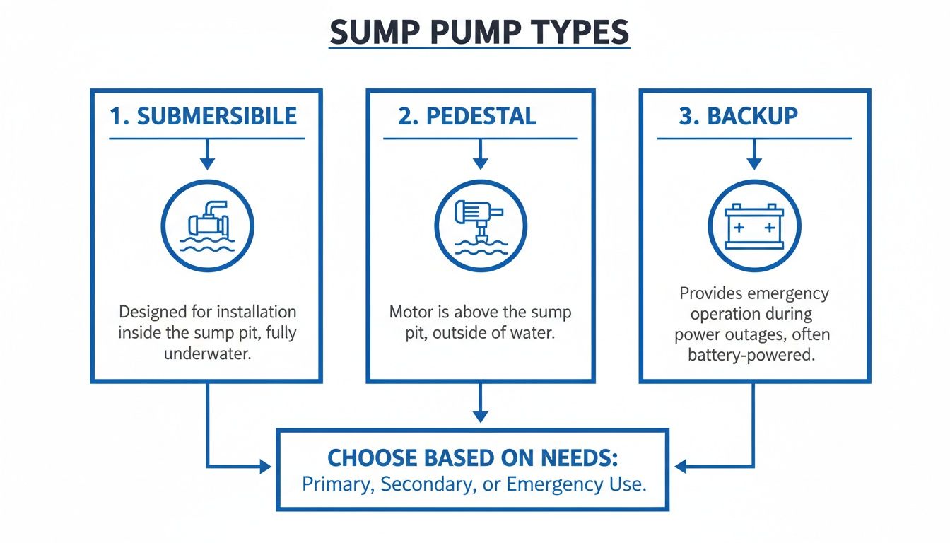 An infographic illustrating three types of sump pumps: submersible, pedestal, and backup, explaining their features.
