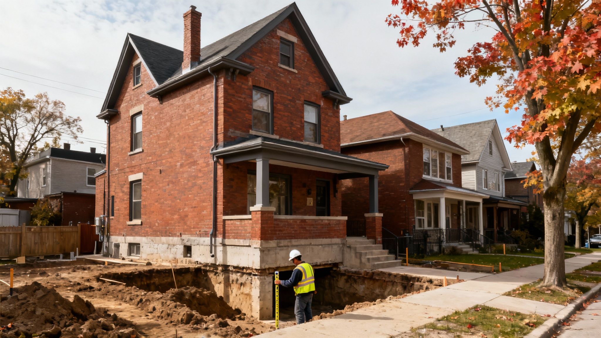 Construction worker measuring foundation excavation at brick house during underpinning project in residential neighborhood