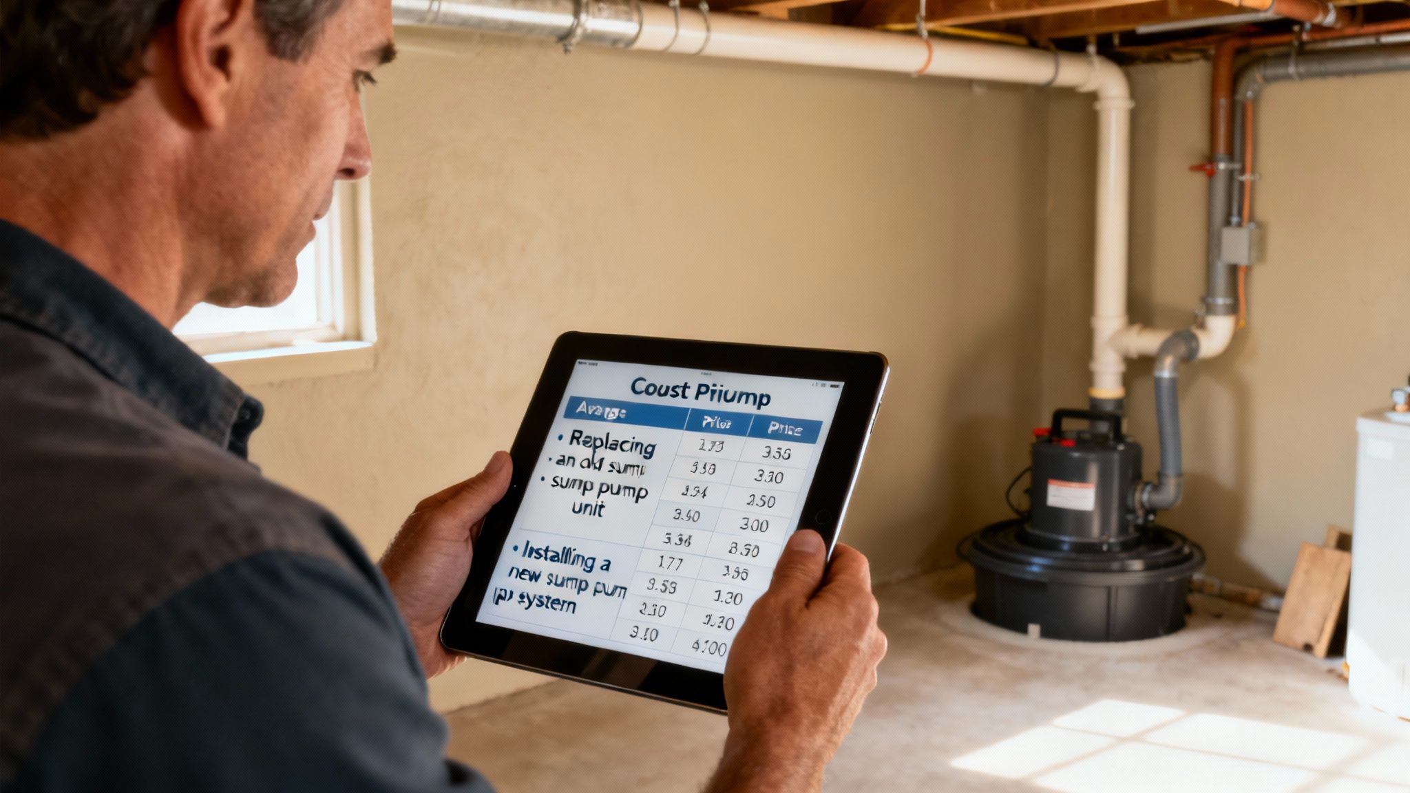 A professional installing a sump pump in a clean, well-lit basement.