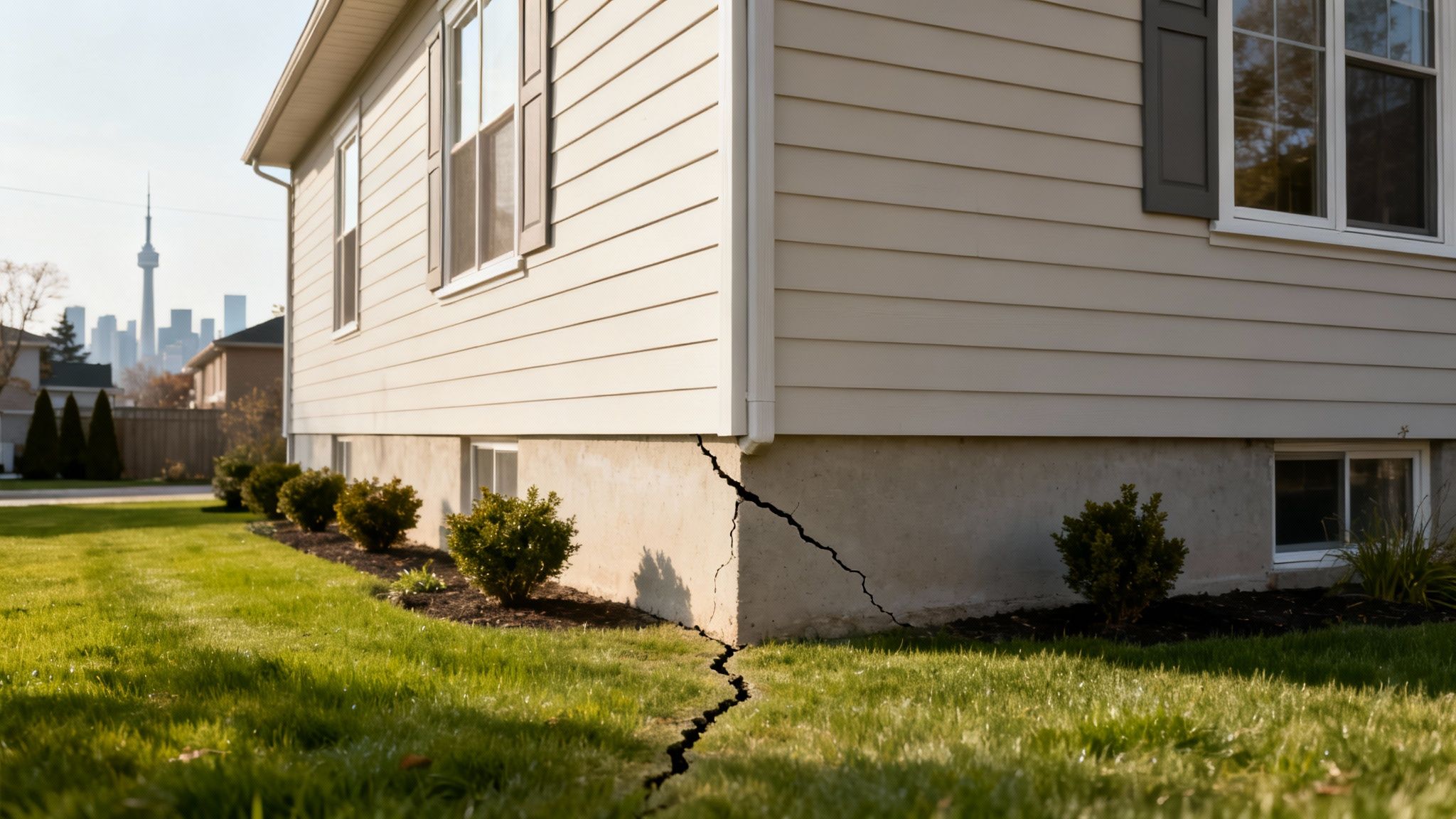 A residential house showing a prominent crack in its concrete foundation and extending into the lawn, with a distant city skyline visible.