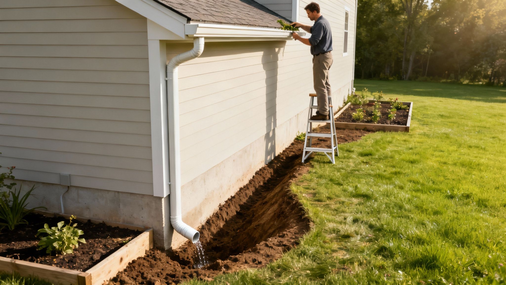 A neat and tidy home exterior showing proper drainage away from the foundation.