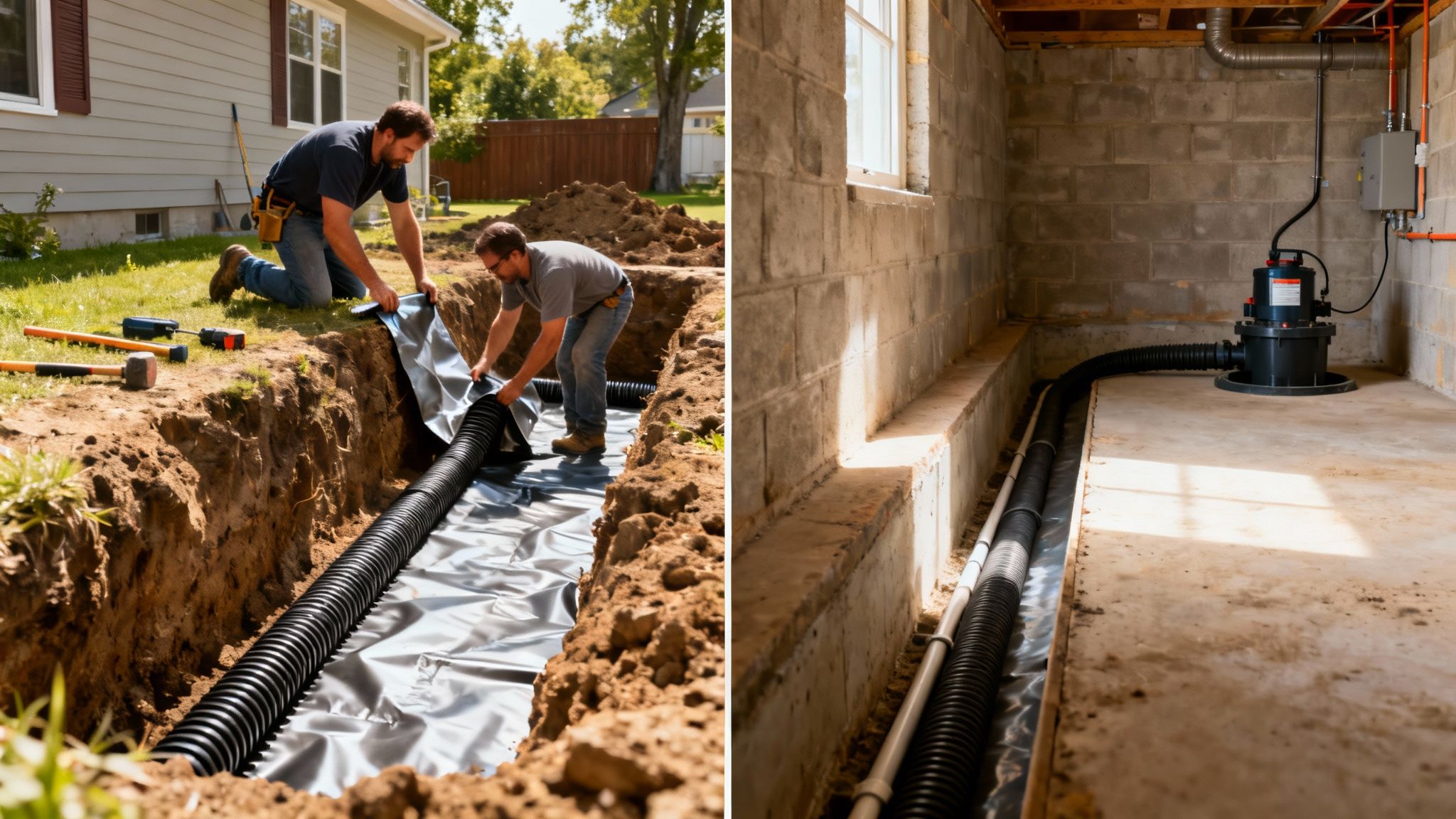 Installation of a basement waterproofing system, showing exterior drainage and an interior sump pump.
