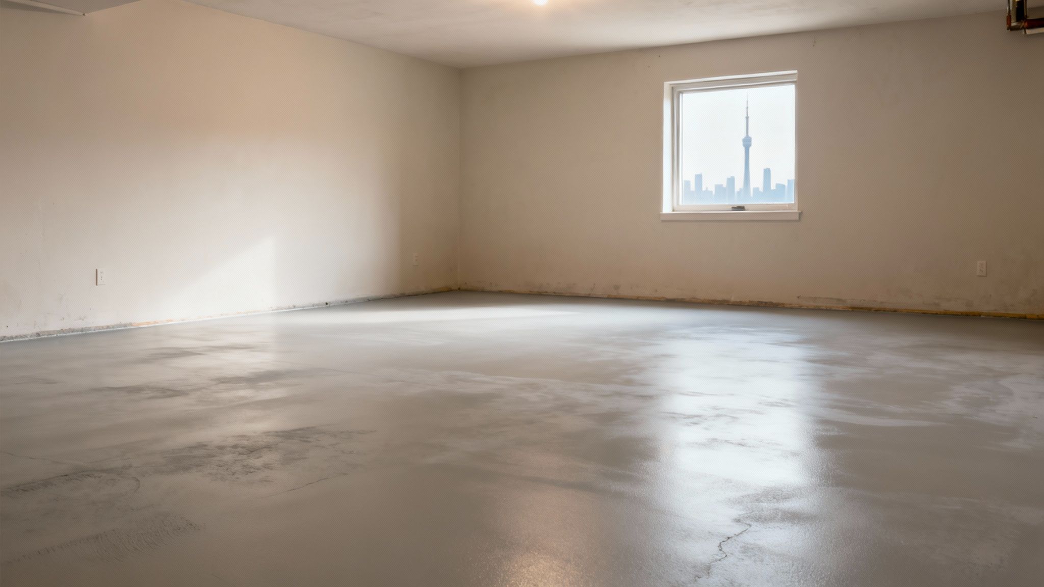 An empty room with light walls and a grey concrete floor, featuring a window overlooking the Toronto skyline.