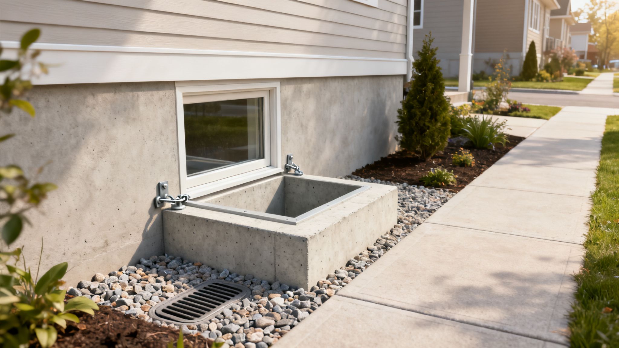 A modern basement egress window with a concrete window well, drainage grate, and landscaping.