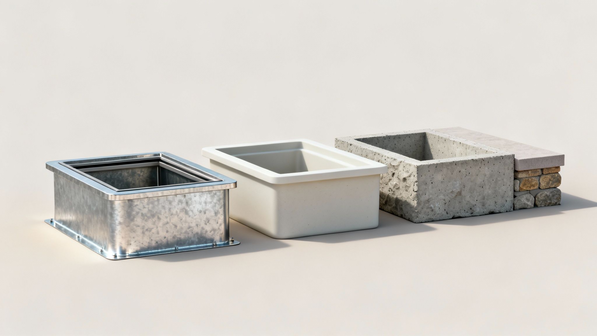 Three distinct rectangular well structures: one galvanized metal, one white plastic, and one concrete with stone.