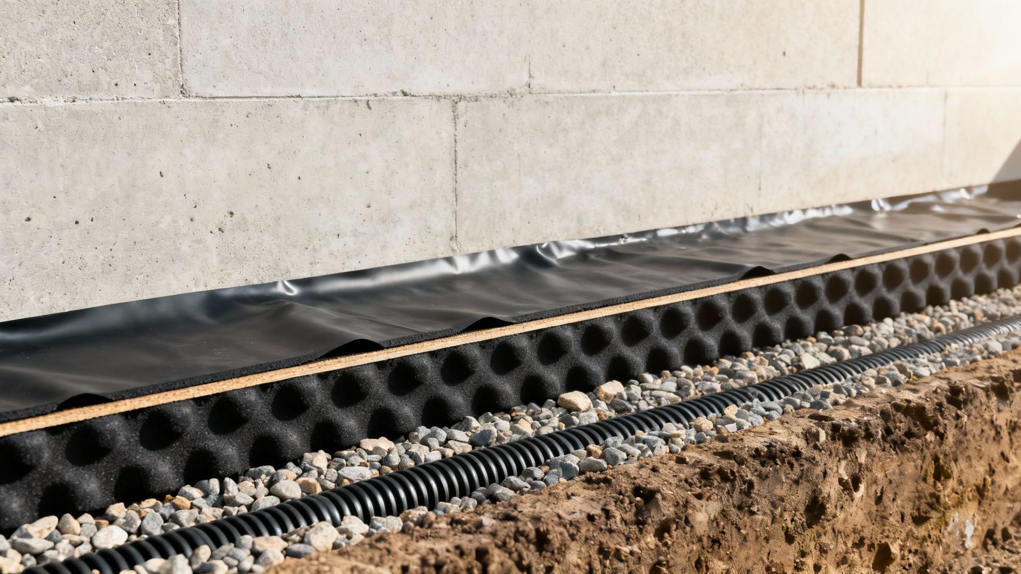 Close-up of a dimple board membrane being installed on a foundation wall.