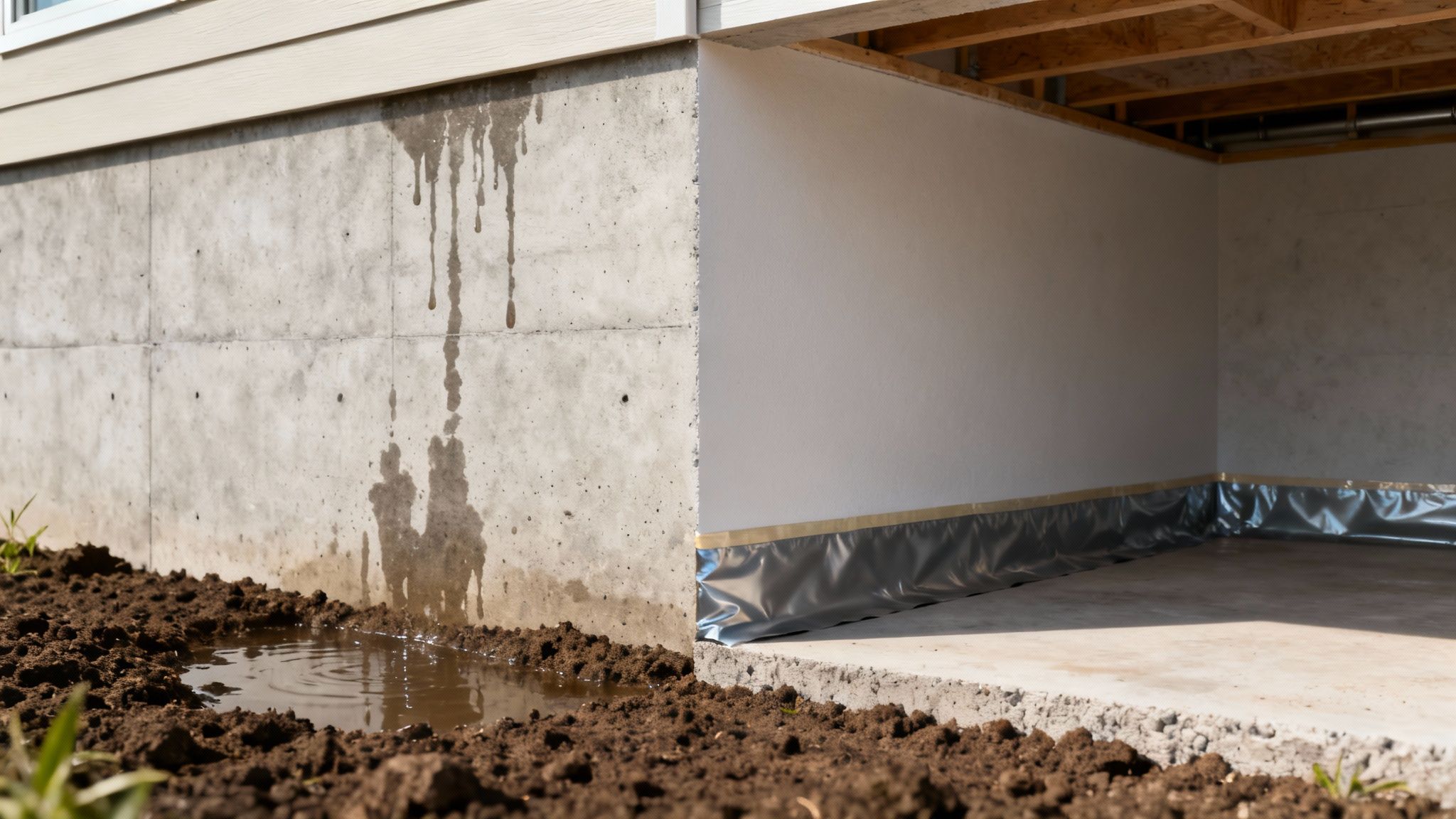A professionally installed waterproof membrane on an exterior basement foundation wall.