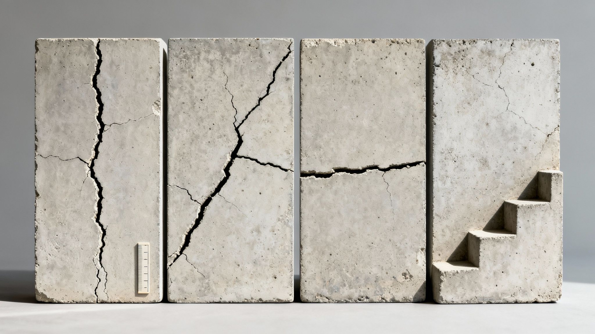 Four grey concrete blocks standing side-by-side, three showing significant cracks, one with miniature stairs, and a small ruler.