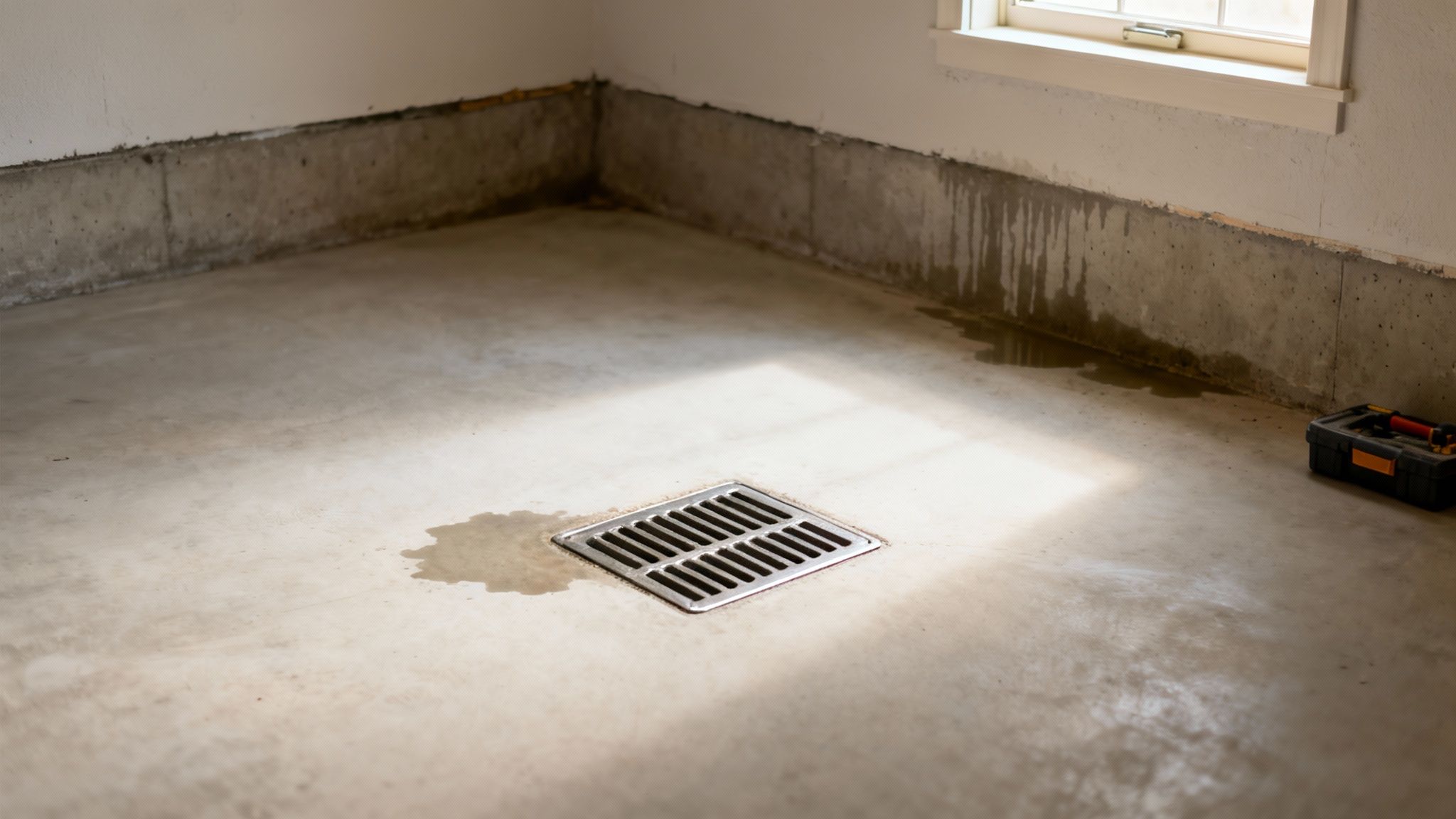 Concrete basement floor with a square floor drain, water stains, and a tool box.