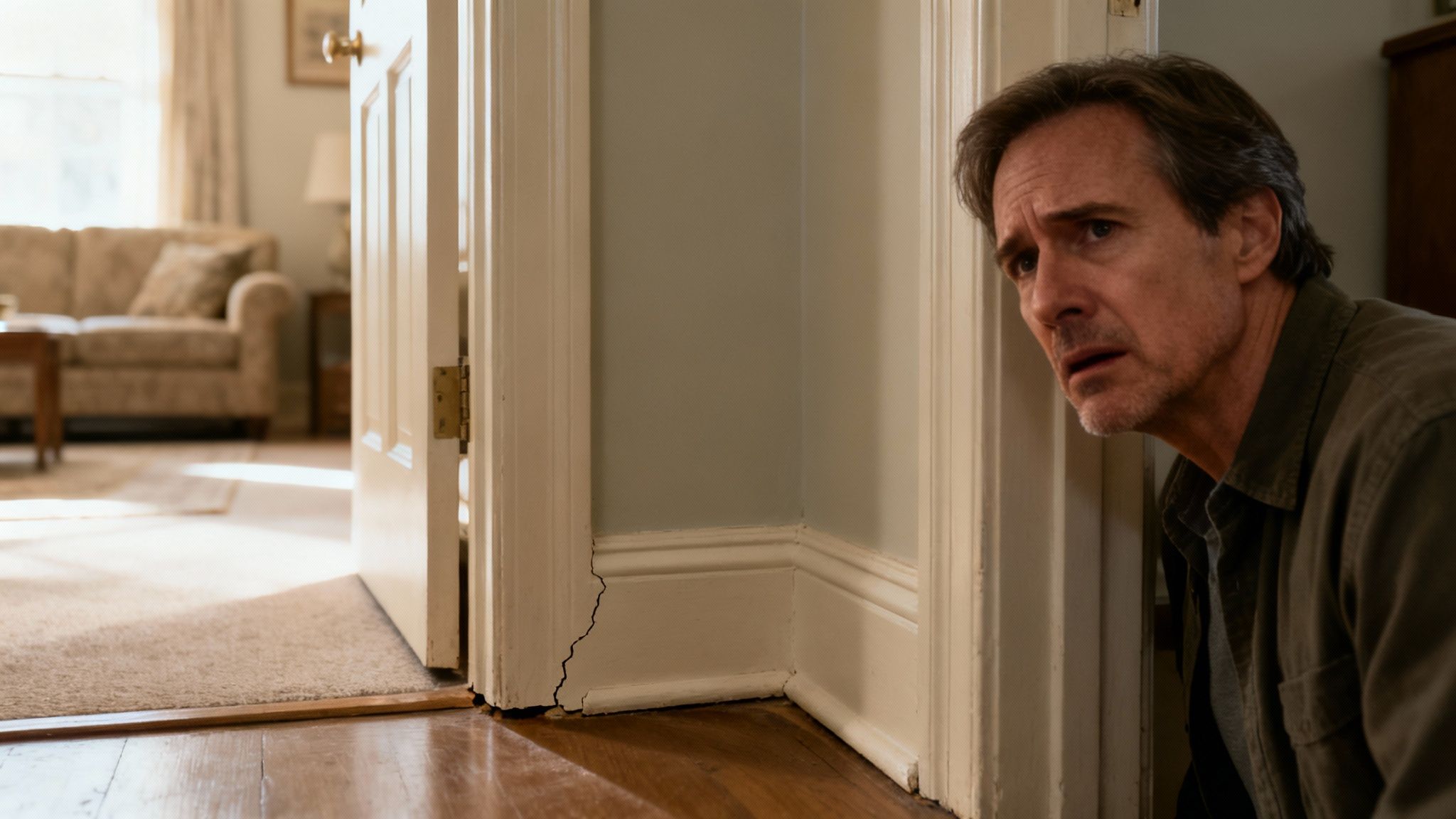 A man with a distressed expression cautiously peeks around a doorframe in a home.