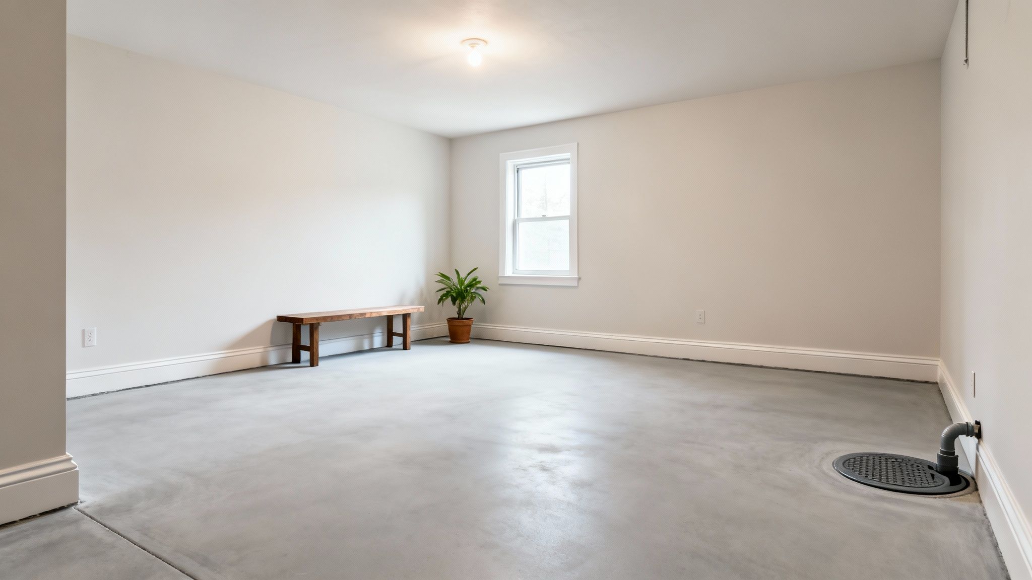 An empty room with light walls, concrete floor, a window, wooden bench, and potted plant.