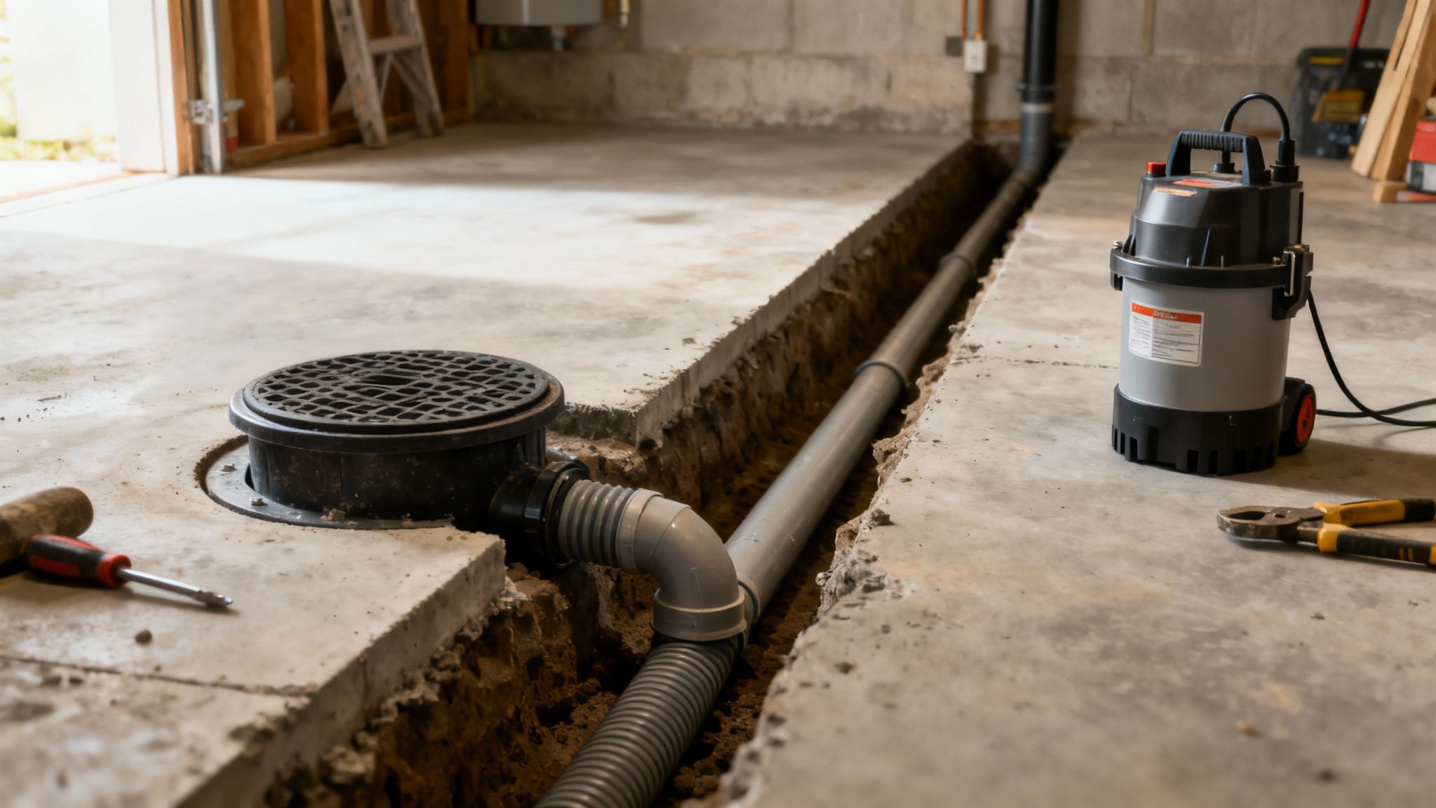 Workers excavating soil around a home's foundation to prepare for exterior waterproofing.