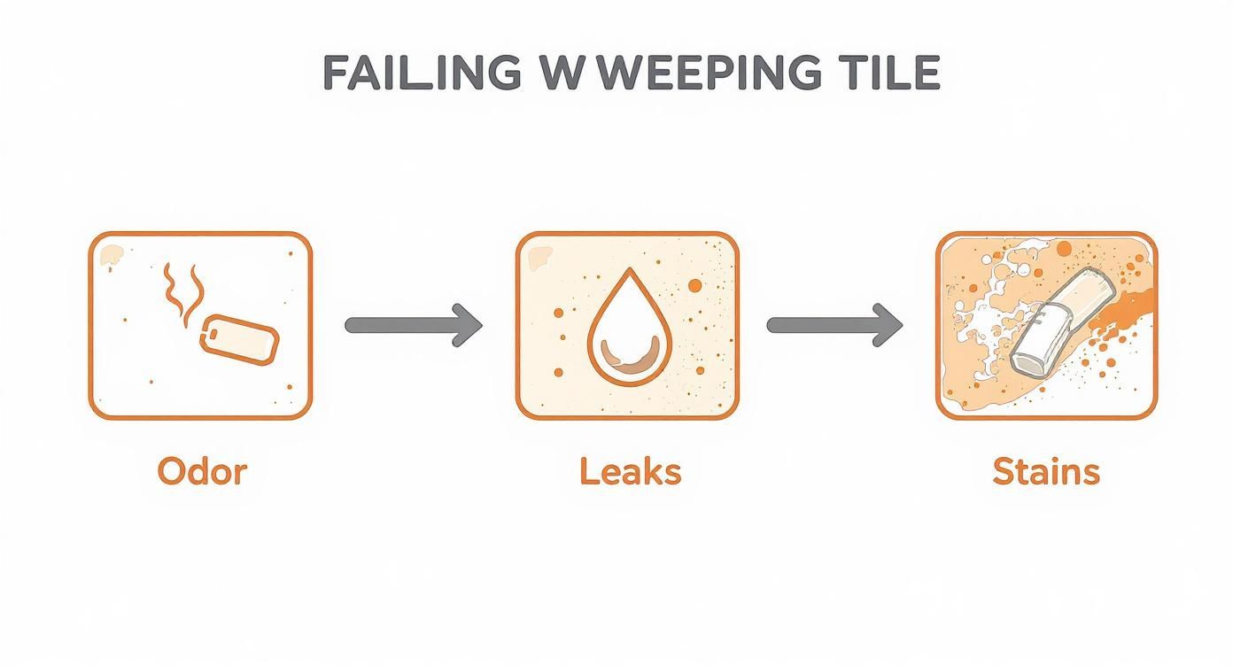 Visual diagram illustrating the consequences of failing weeping tile: odor, leaks, and stains.