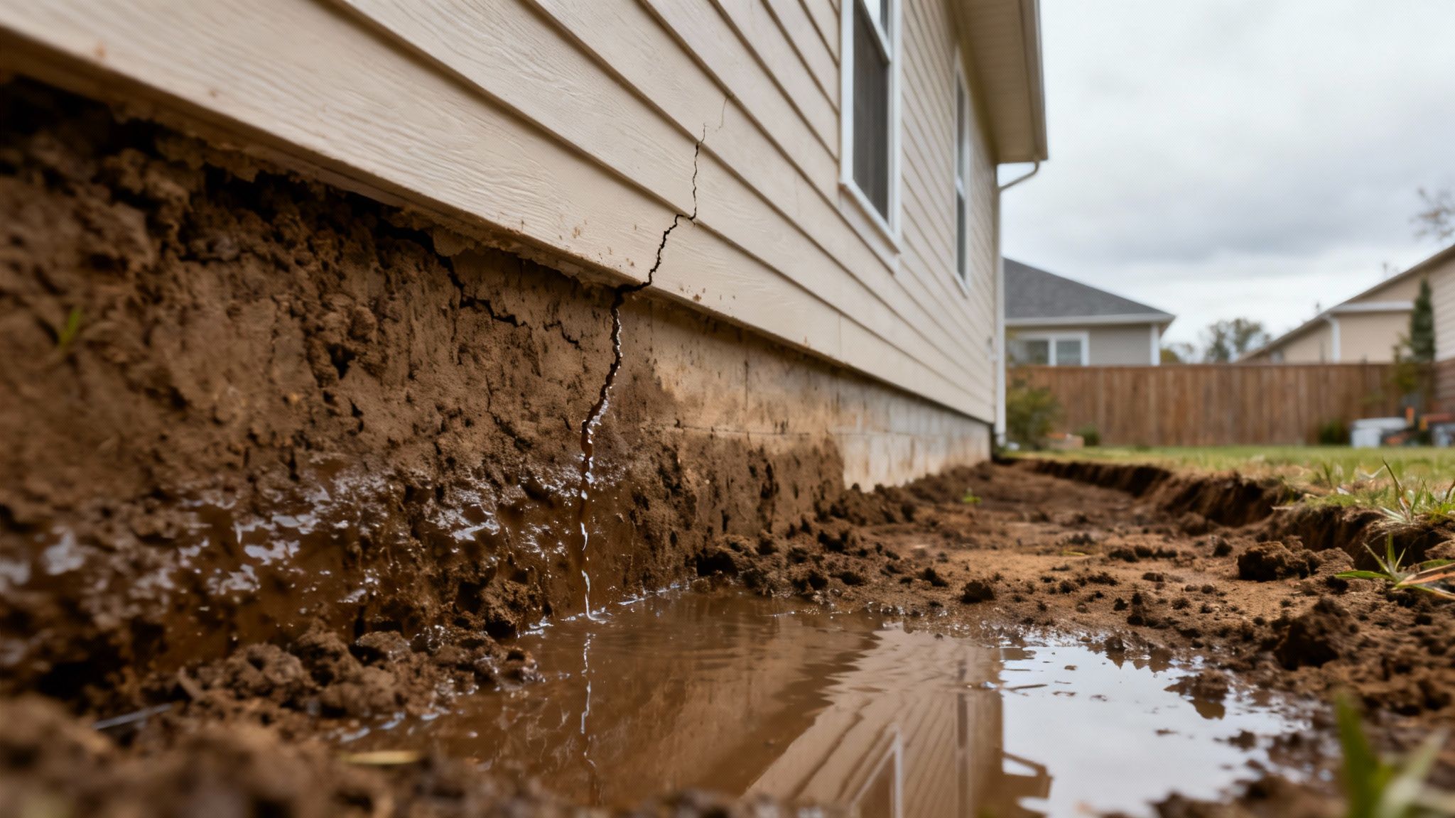 Cracked foundation of a house with exposed soil and standing muddy water, indicating water damage.