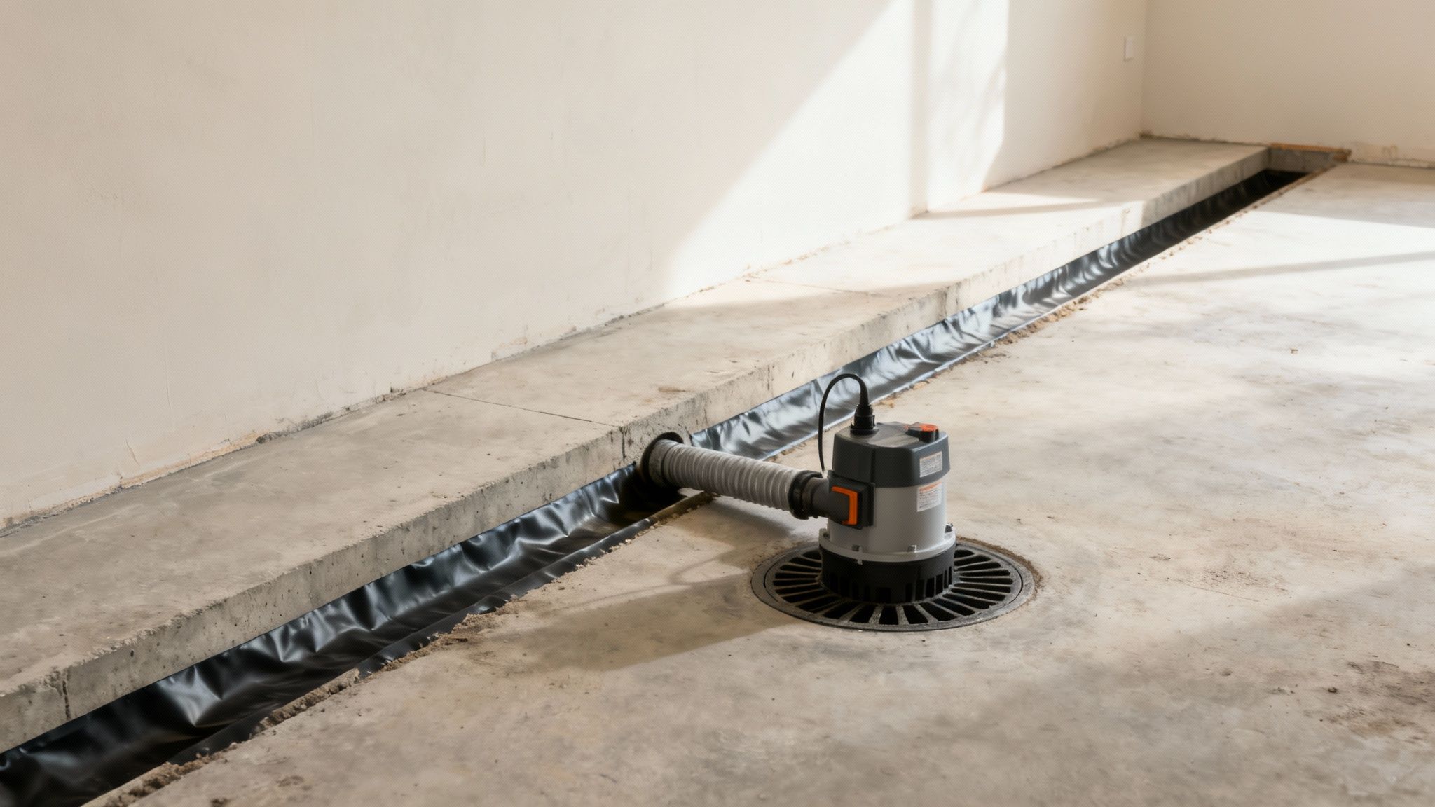 An illustration of a professionally installed interior basement waterproofing system.