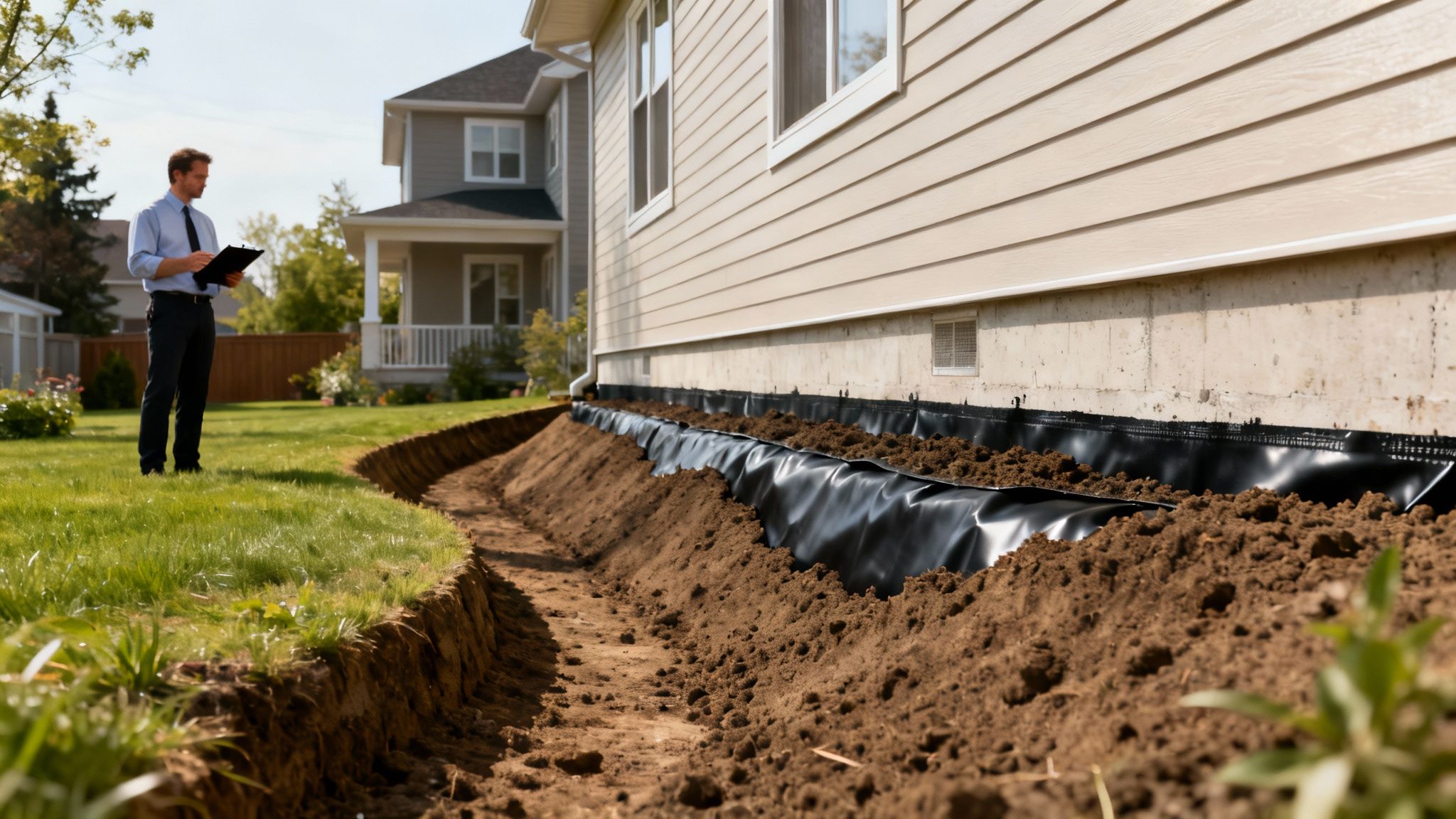 An inspector reviews basement waterproofing work on a house foundation with a trench and soil.