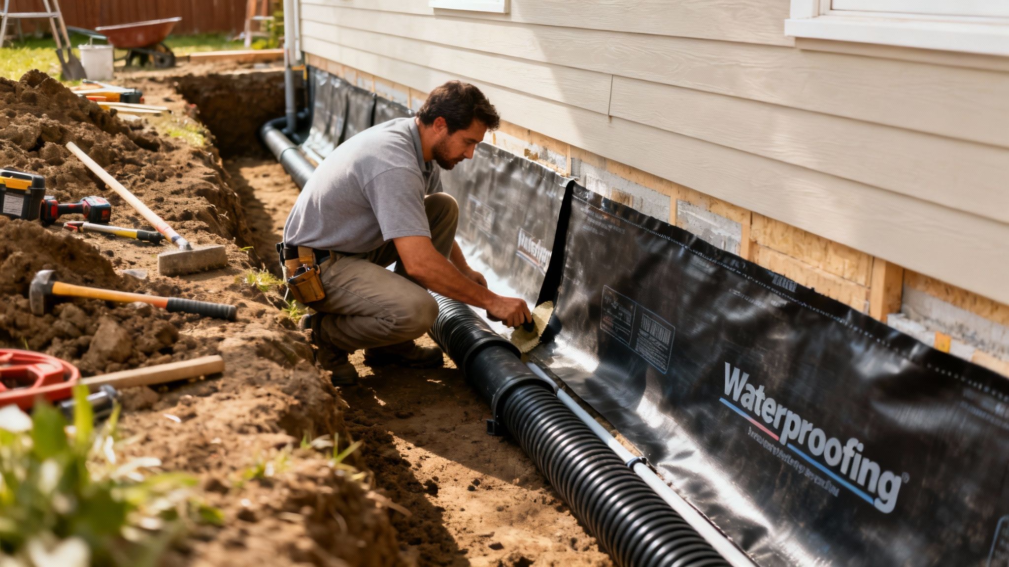 A man installs a black waterproofing membrane and drainage pipe along a house foundation in a trench.
