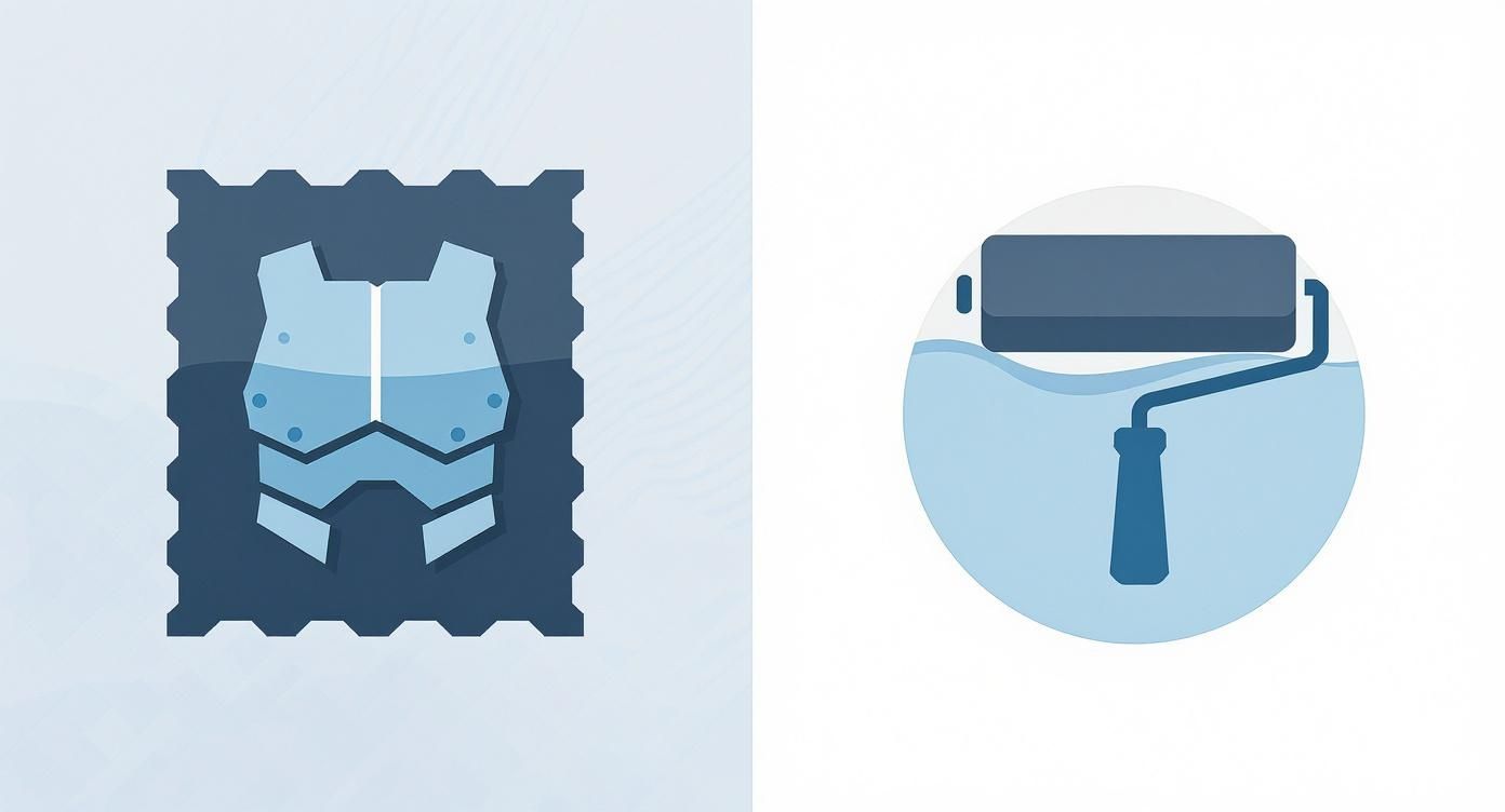 Infographic comparing sheet and liquid-applied waterproof membranes for foundations.