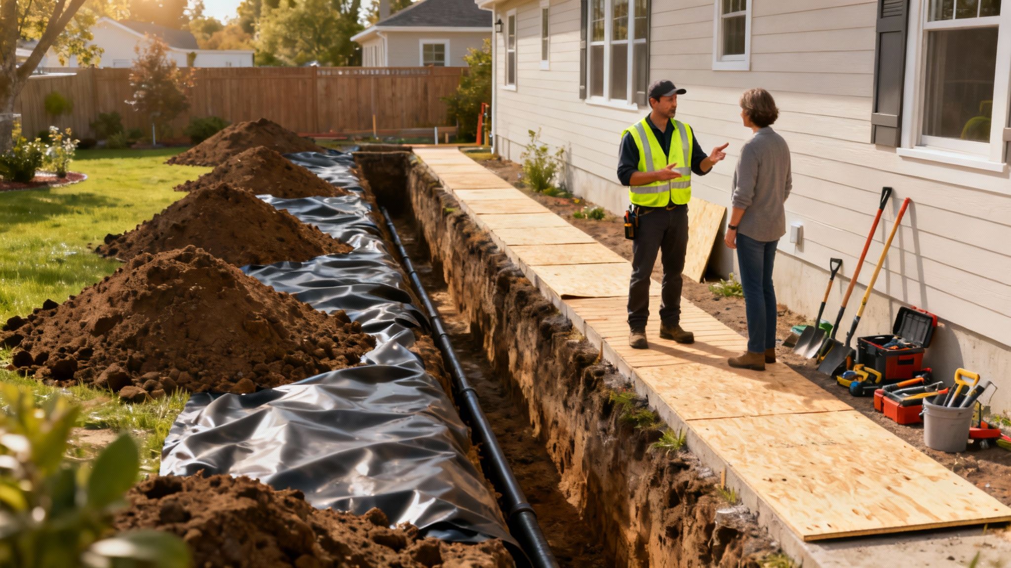A worker in a safety vest talks to a homeowner beside a trench for external basement waterproofing.