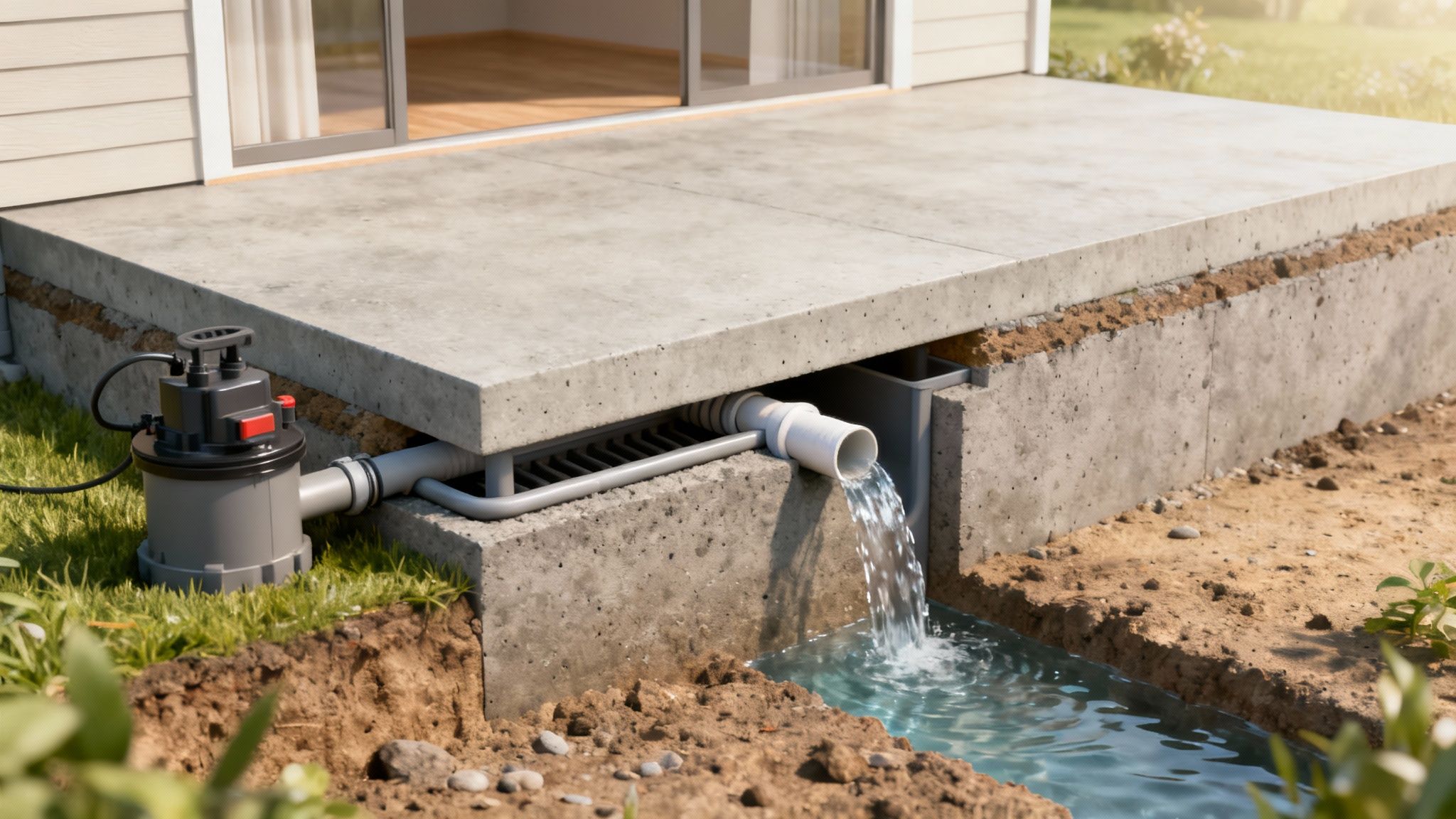 Detailed cross-section of a house foundation with external water drainage pump, pipe, and flowing water.