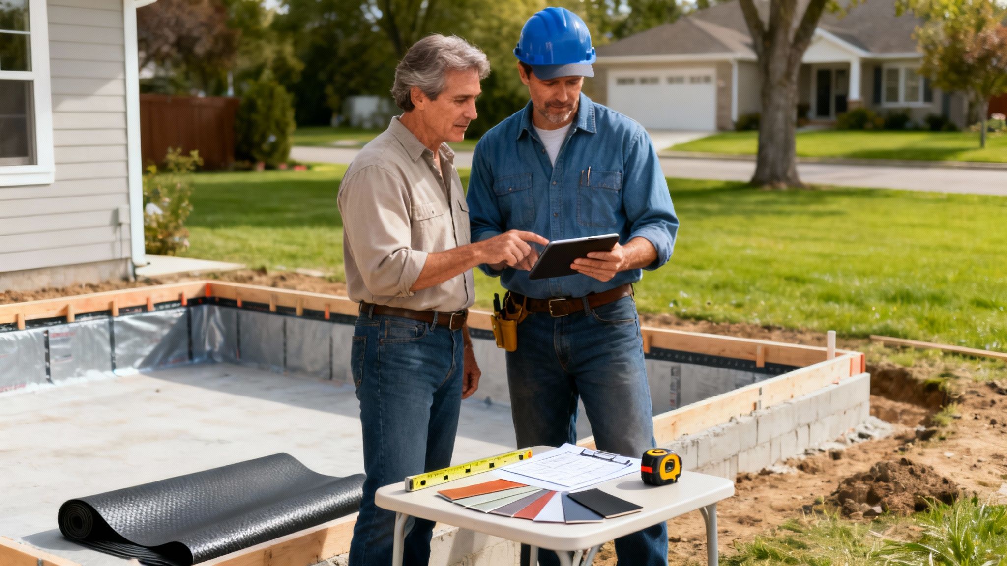 Two construction workers discuss plans on a tablet at a basement foundation construction site with building materials.