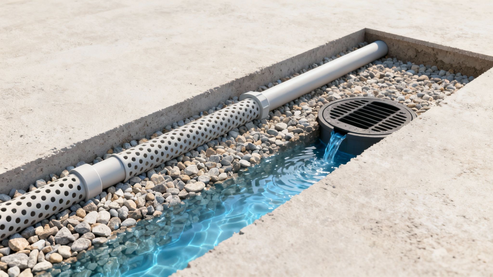 A cross-section of a weeping tile drainage system showing a perforated pipe, gravel, and water flowing into a round drain set in concrete.