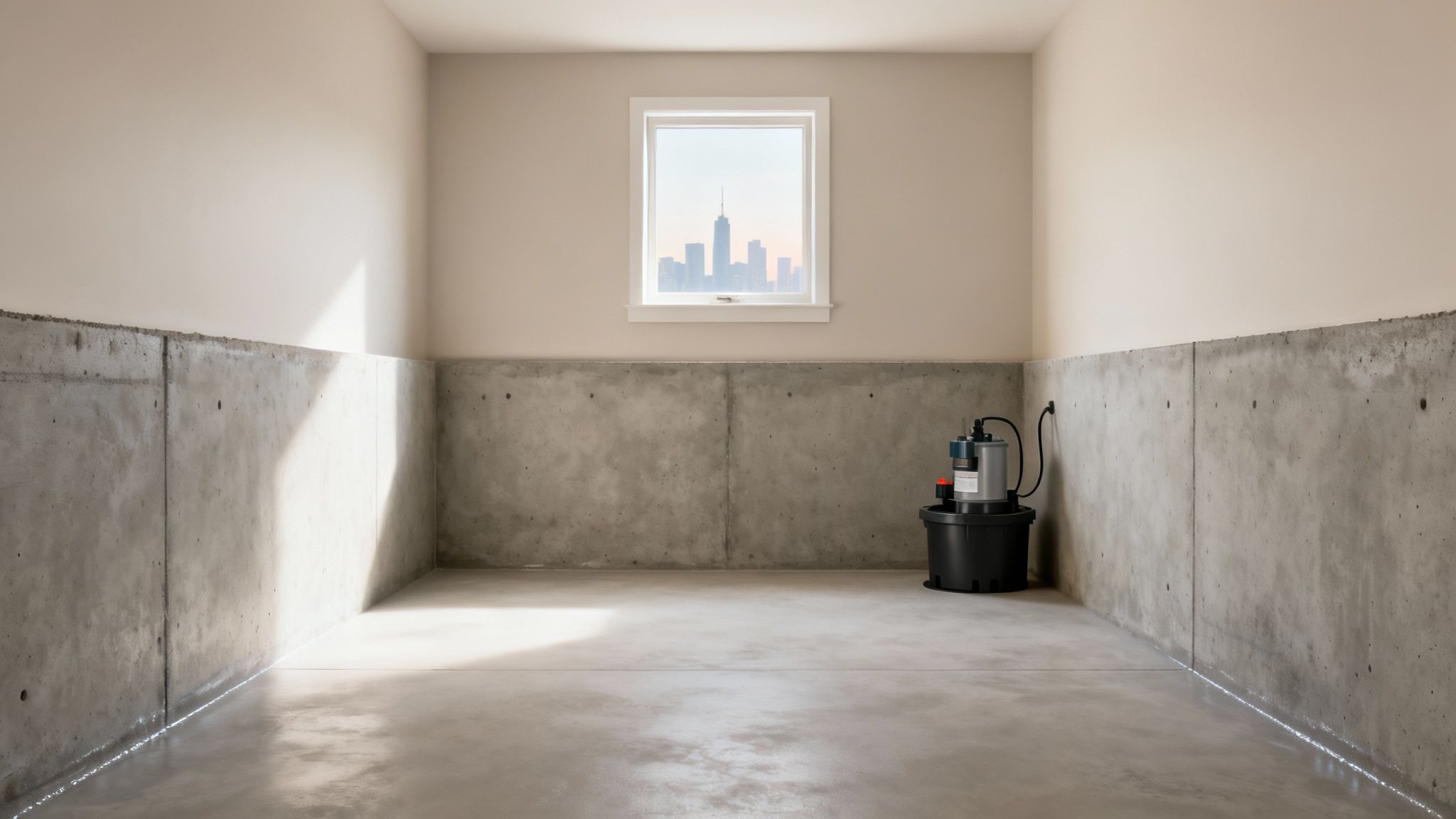A clean, empty basement room with concrete walls, a window overlooking a city, and a sump pump.