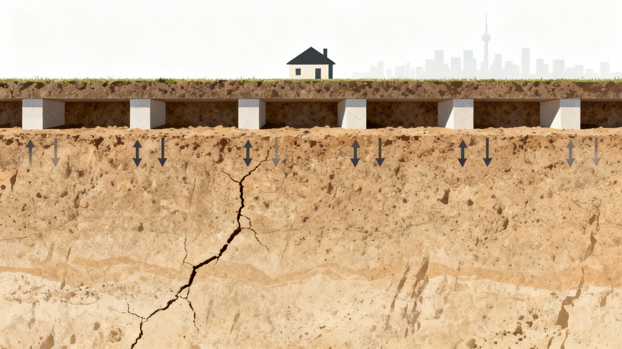 Diagram showing house foundation supported by concrete underpinning, with soil movement arrows and deep ground cracks.