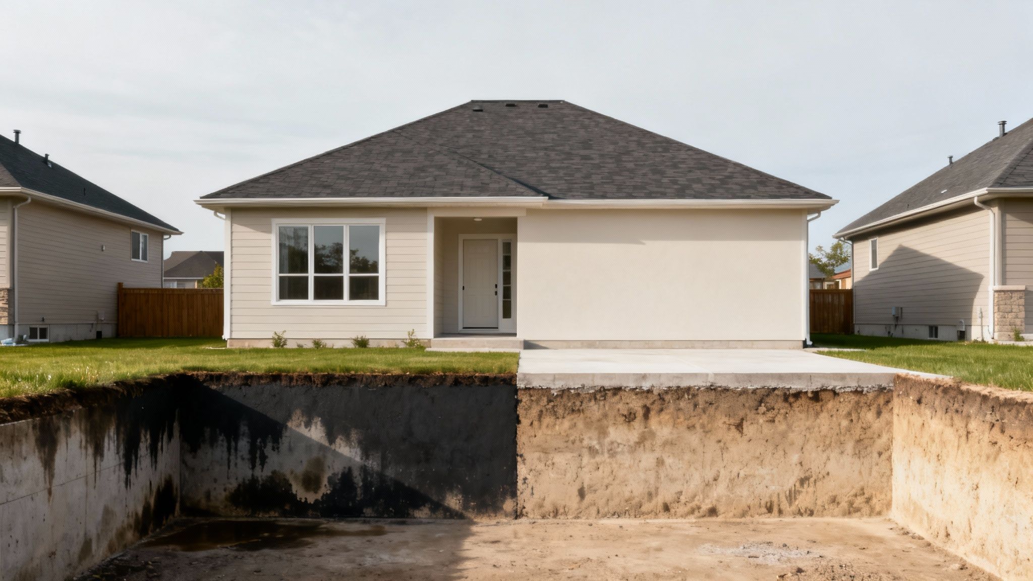 A new house stands over a basement foundation pit, showing waterproofing on one side.