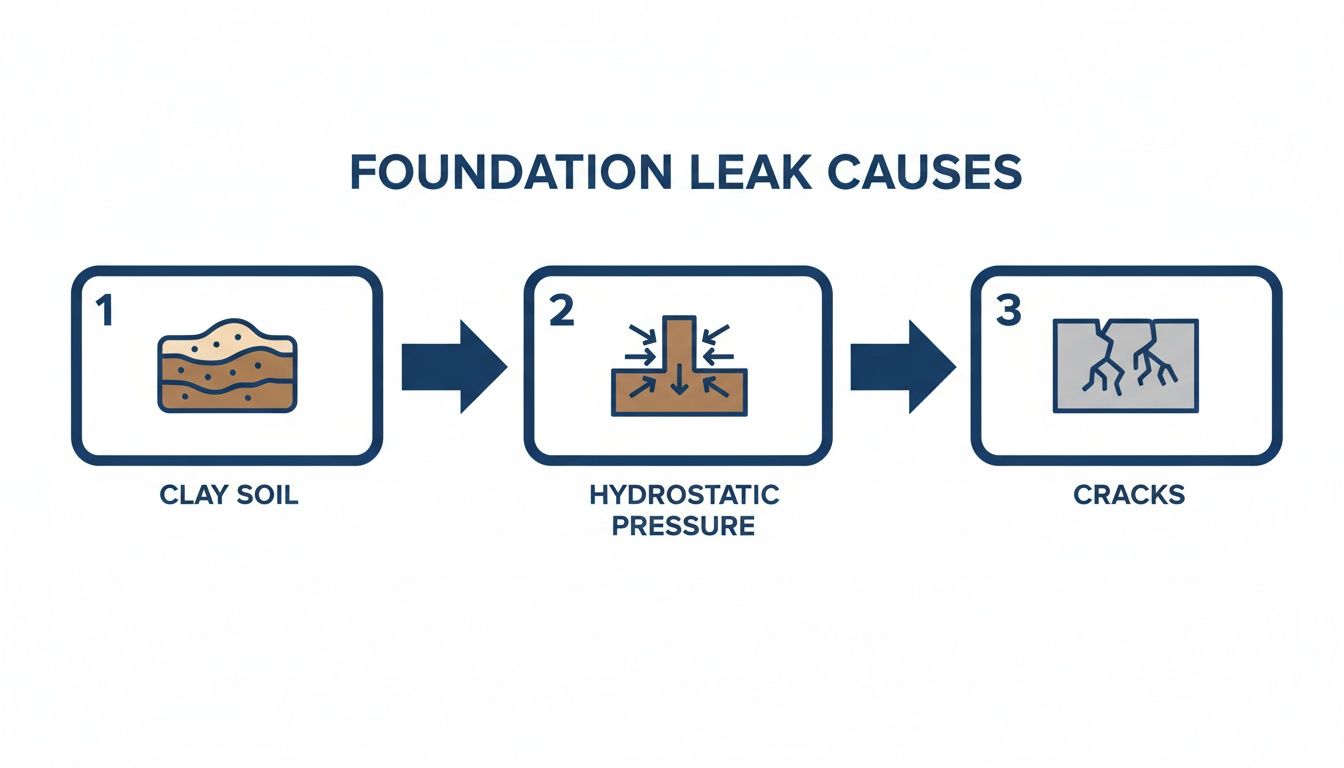 Diagram illustrating how clay soil and hydrostatic pressure lead to foundation cracks and leaks.