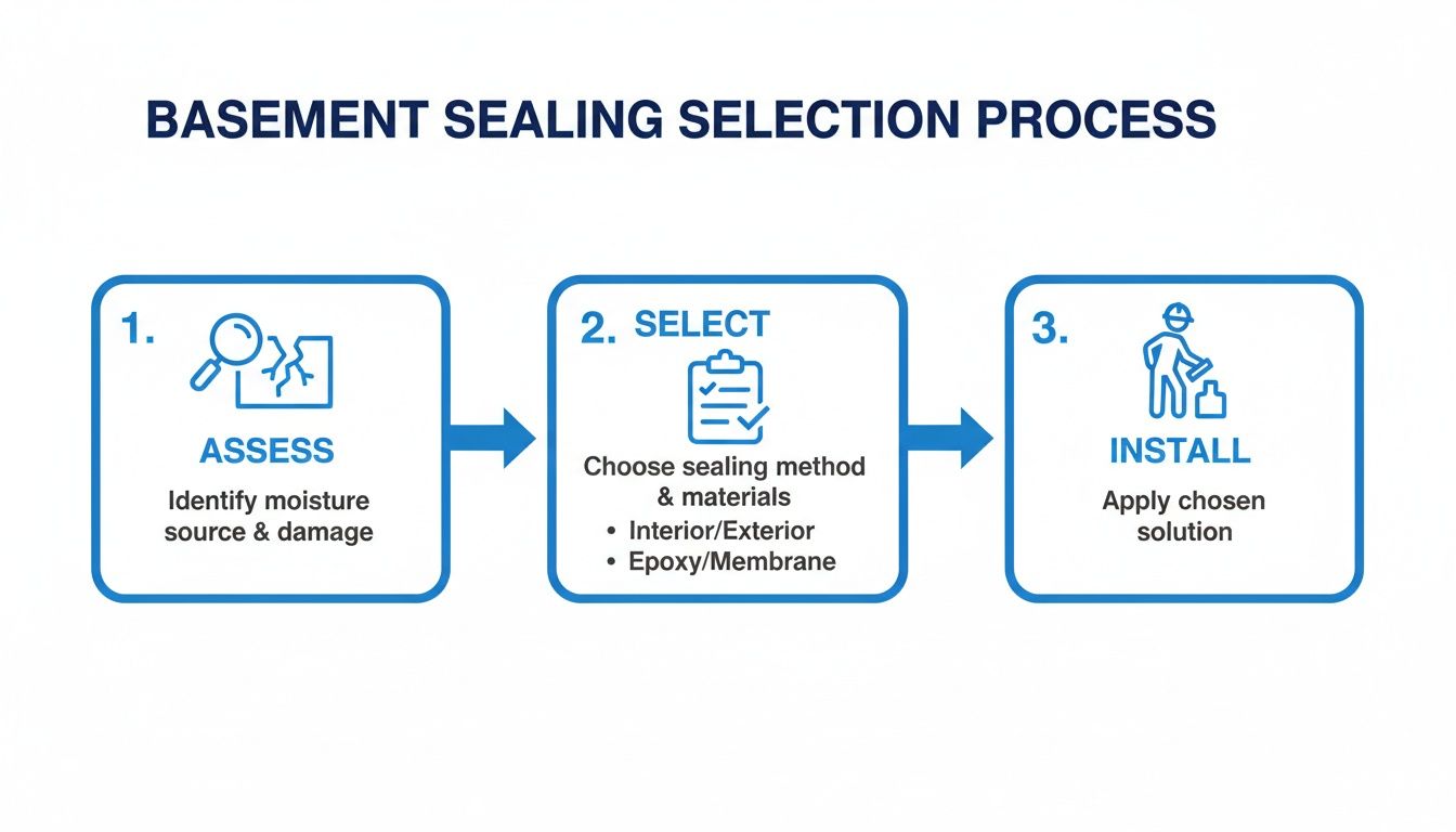 A three-step basement sealing selection process, including assess, select methods and materials, and install the solution.