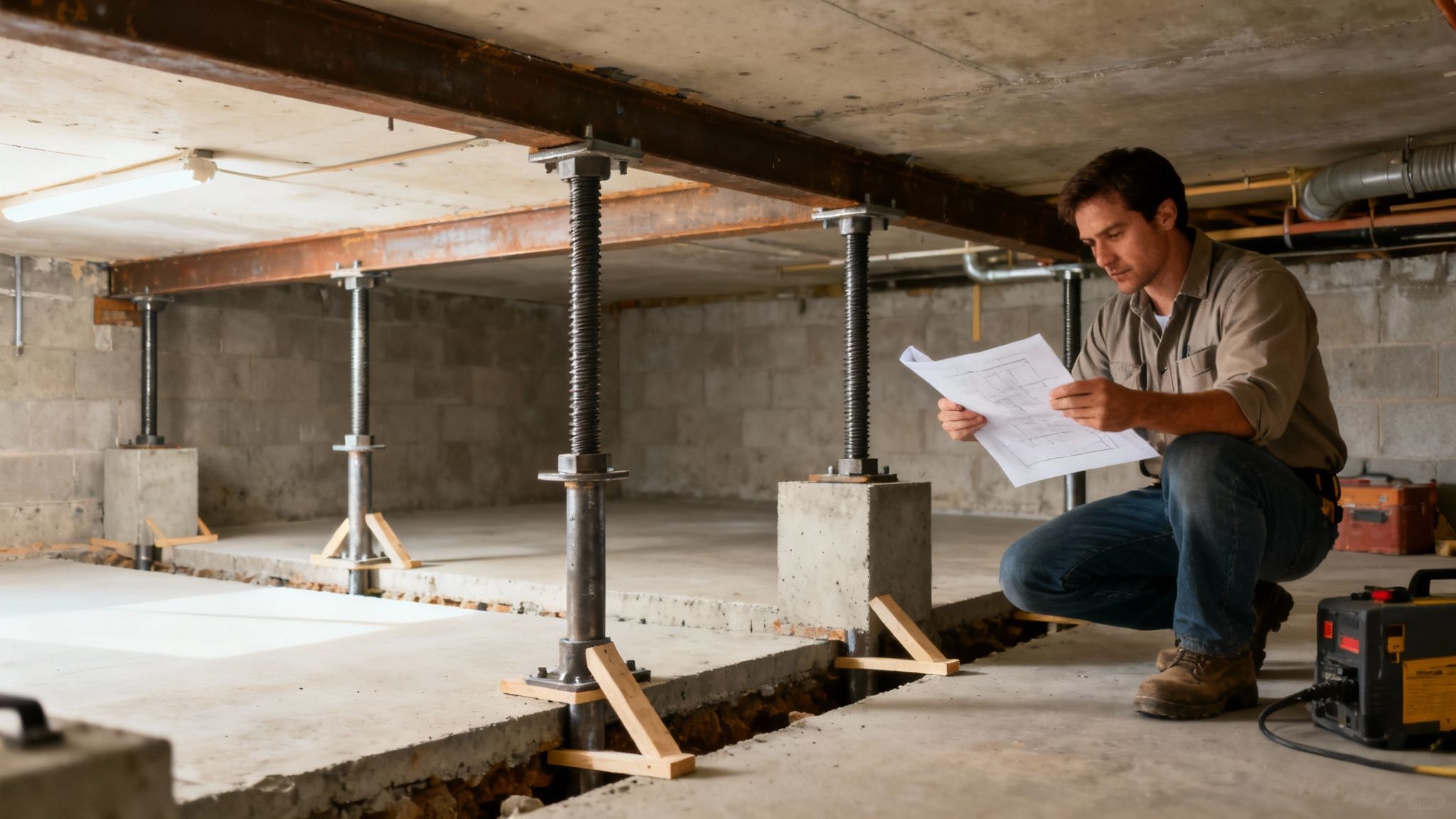A reinforced foundation wall indicating structural repair and waterproofing.