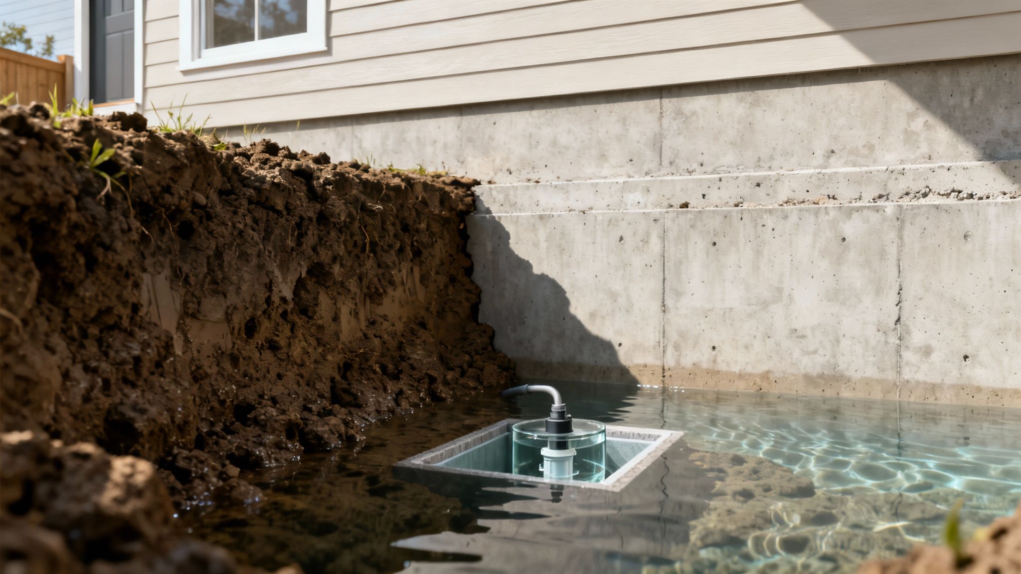 Sump pump collecting standing water from an excavated house foundation and concrete wall.
