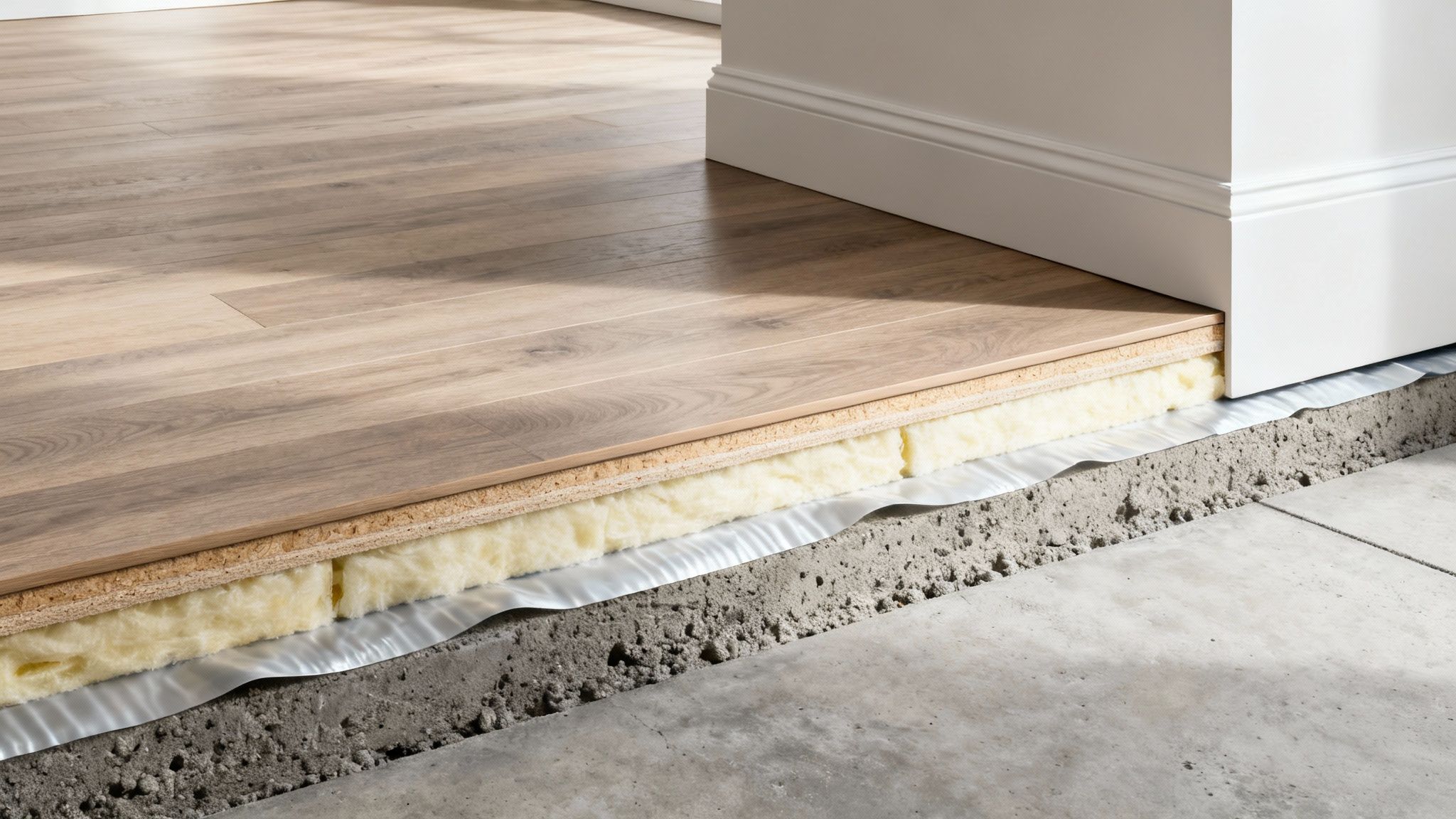 Cutaway view revealing layers of a floor: wood planks, underlayment, insulation, vapor barrier, and concrete subfloor.