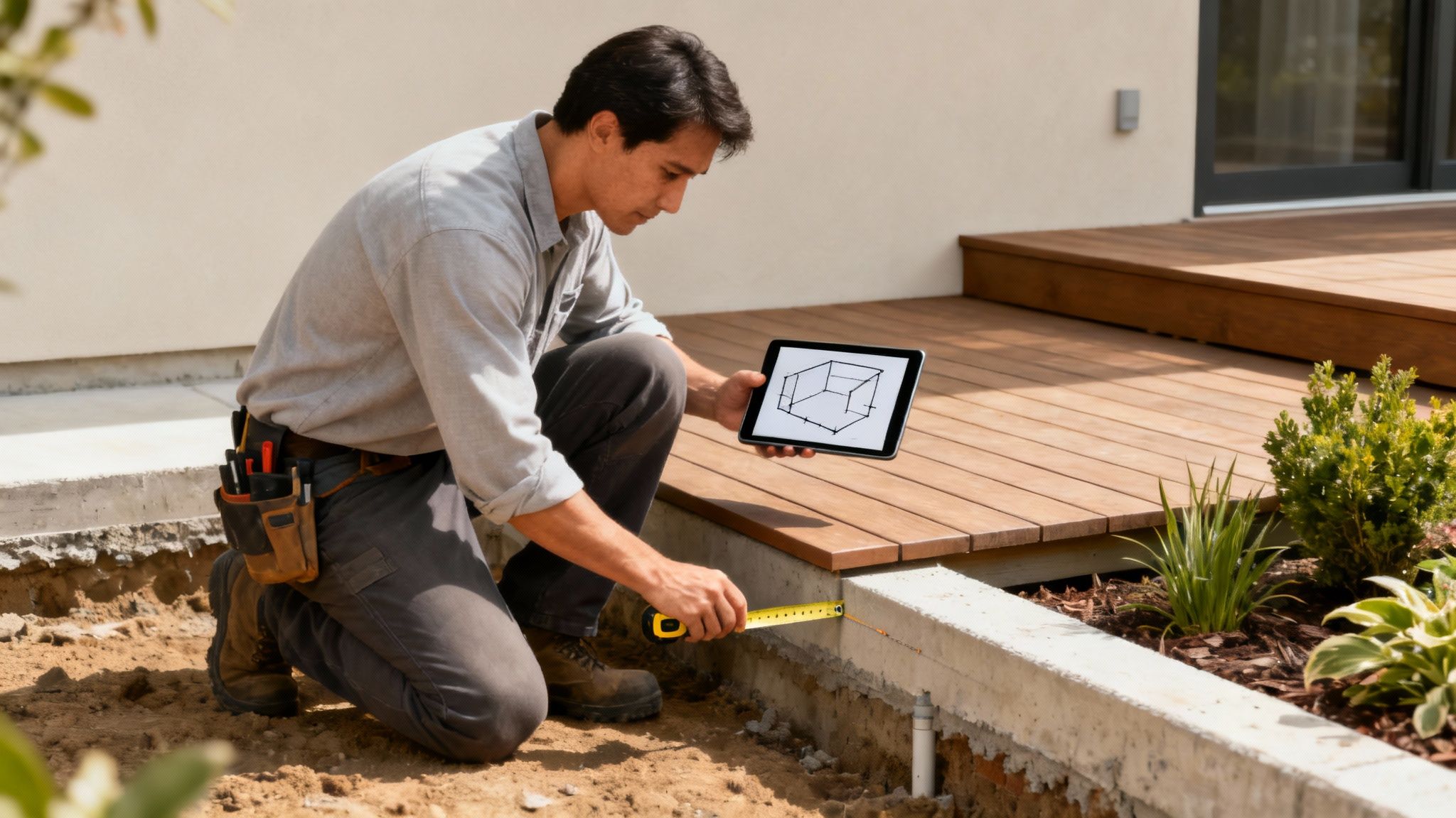 A professional waterproofing contractor assessing the exterior foundation of a Toronto home.